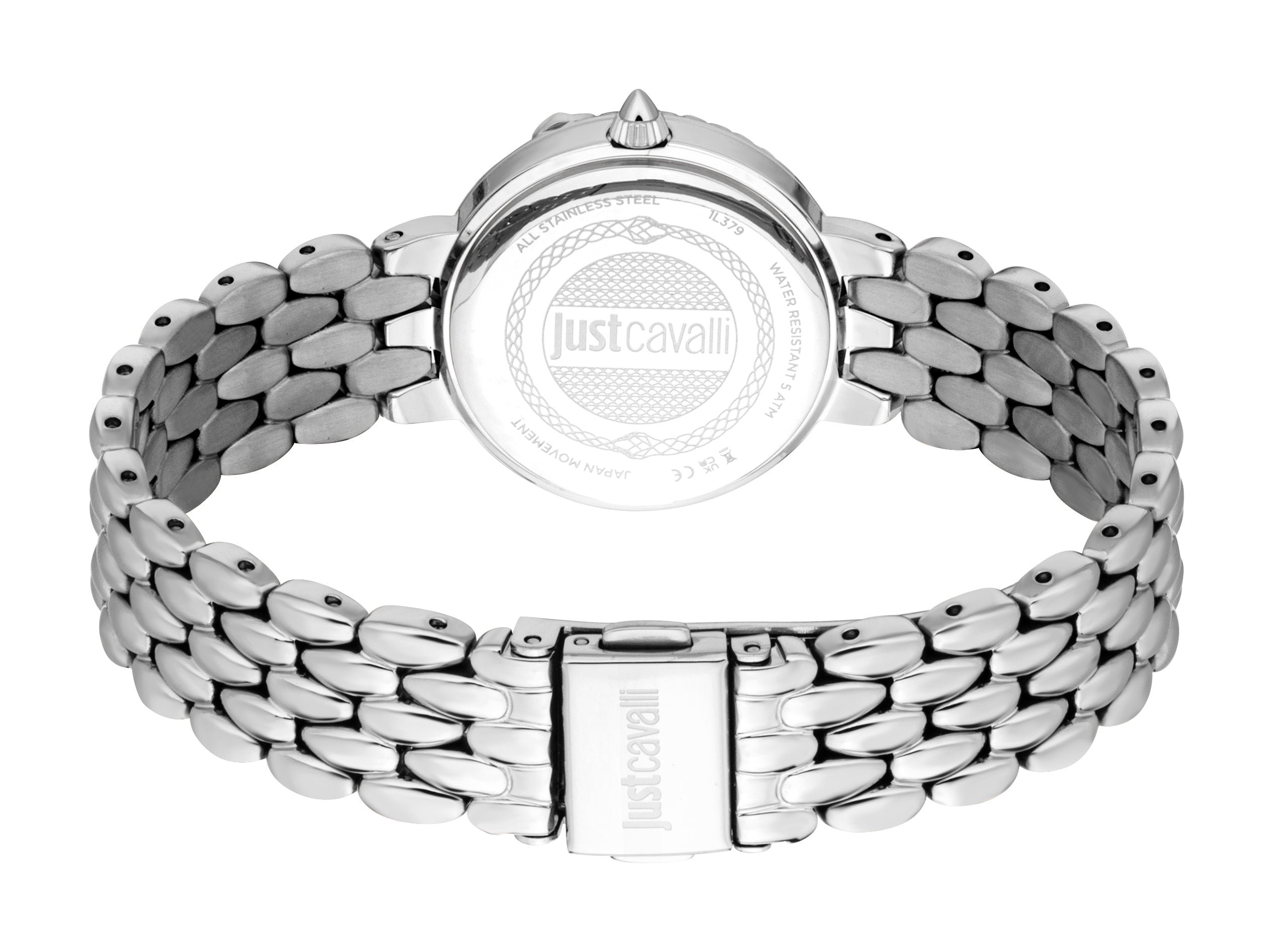 Silver-toned stainless steel watch, back view. Features a multi-link band, fold-over clasp, and engraved Justcavalli logo on