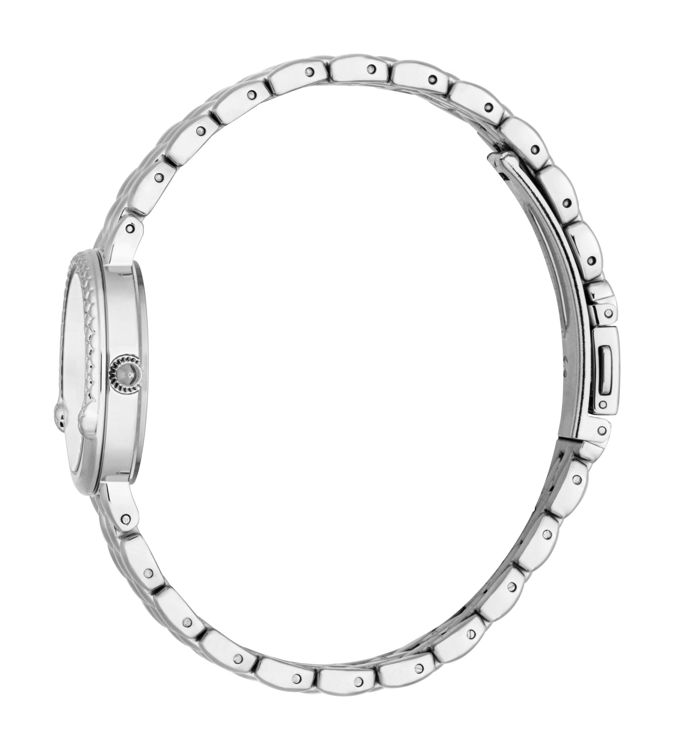 Silver-toned stainless steel watch with a round case, textured bezel, and a link-style band with a clasp.