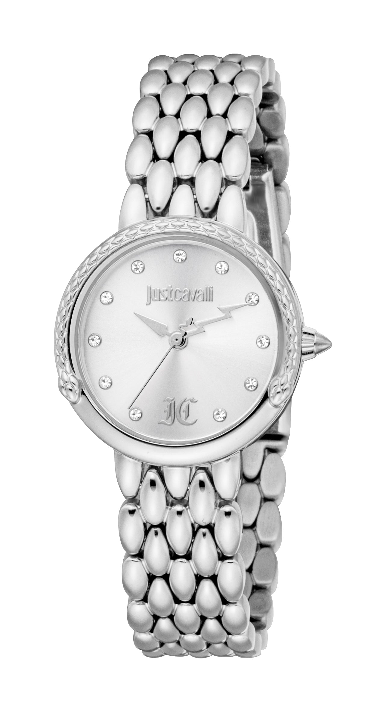 Silver-toned Just Cavalli women's watch with a round case, silver dial, crystal markers, and a scale-effect bracelet.