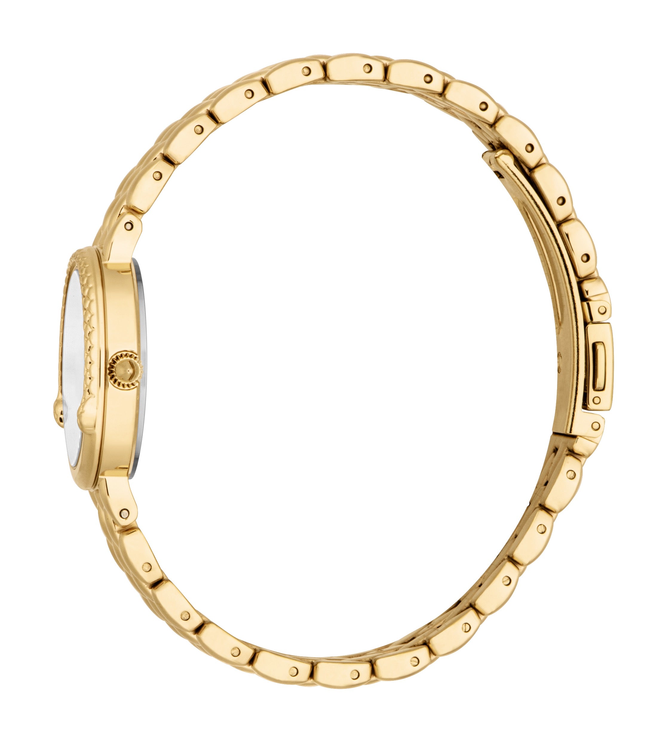 Gold-toned watch with a textured bezel, silver-toned dial, and a gold-toned metal bracelet featuring small, curved links.