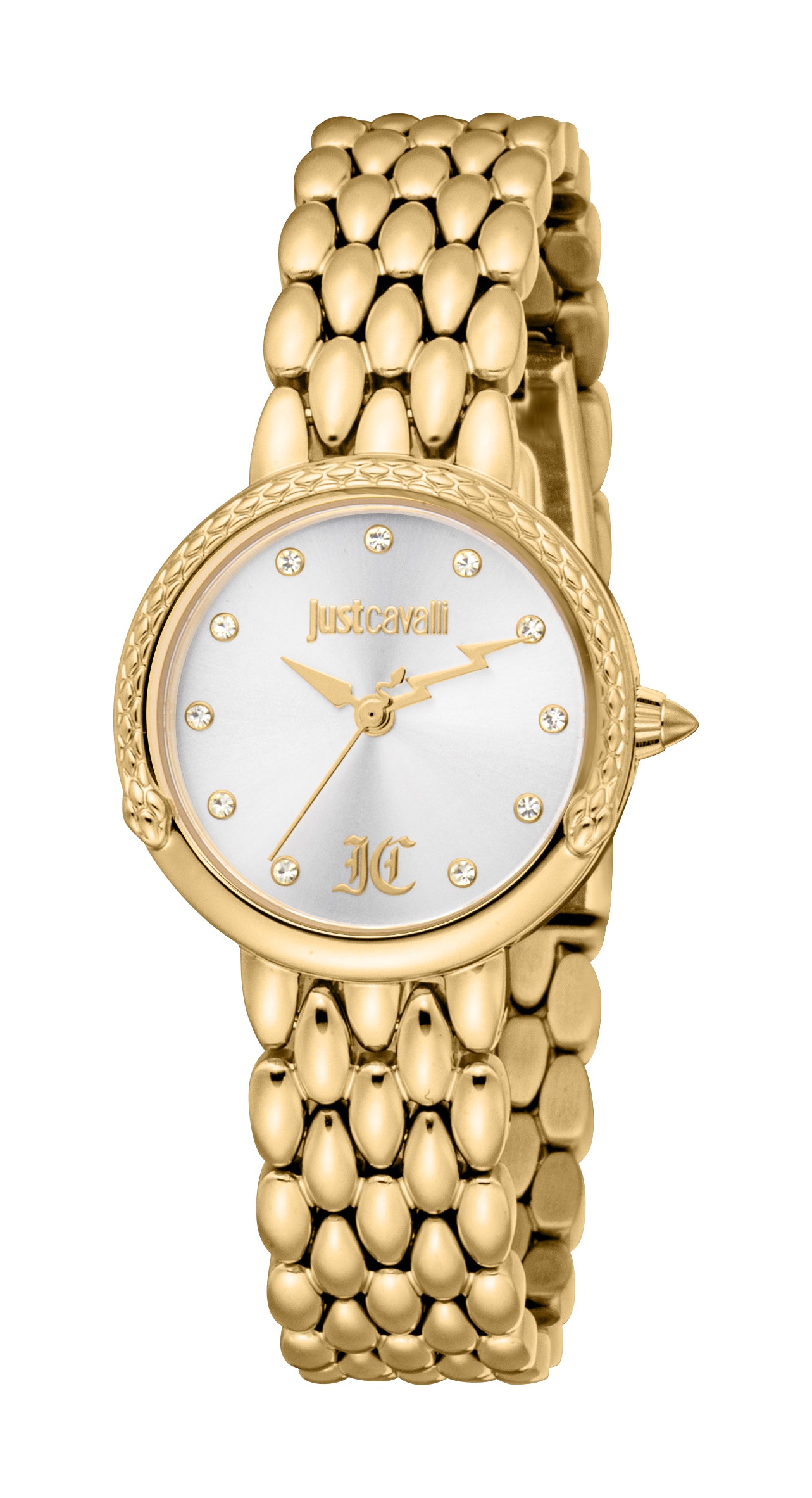 Gold-toned Just Cavalli women's watch with a silver dial, crystal hour markers, and a scale-effect metal bracelet.