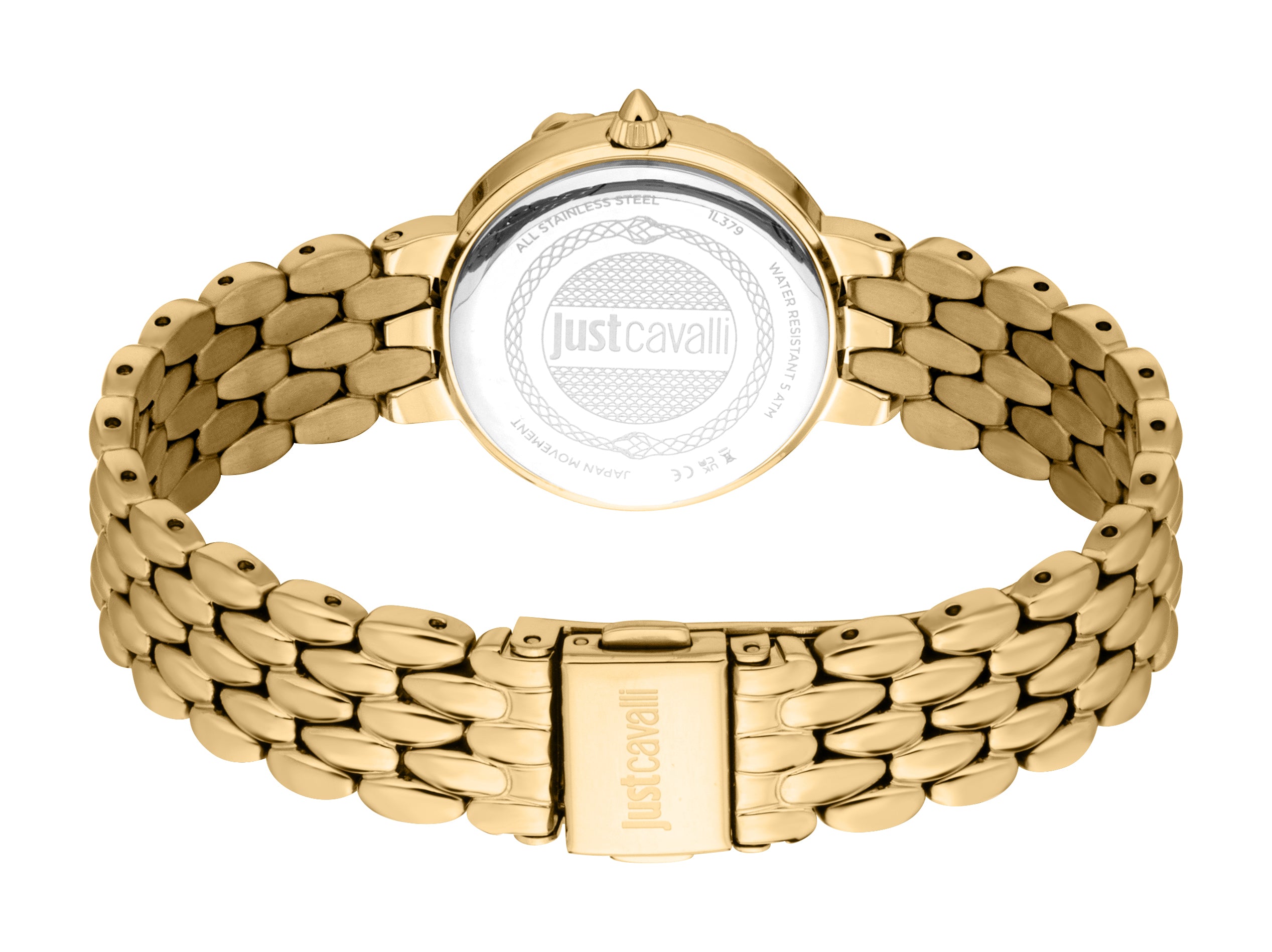 Gold-toned watch with a scale-link metal bracelet. The silver-toned stainless steel case back has "Justcavalli" engraved.