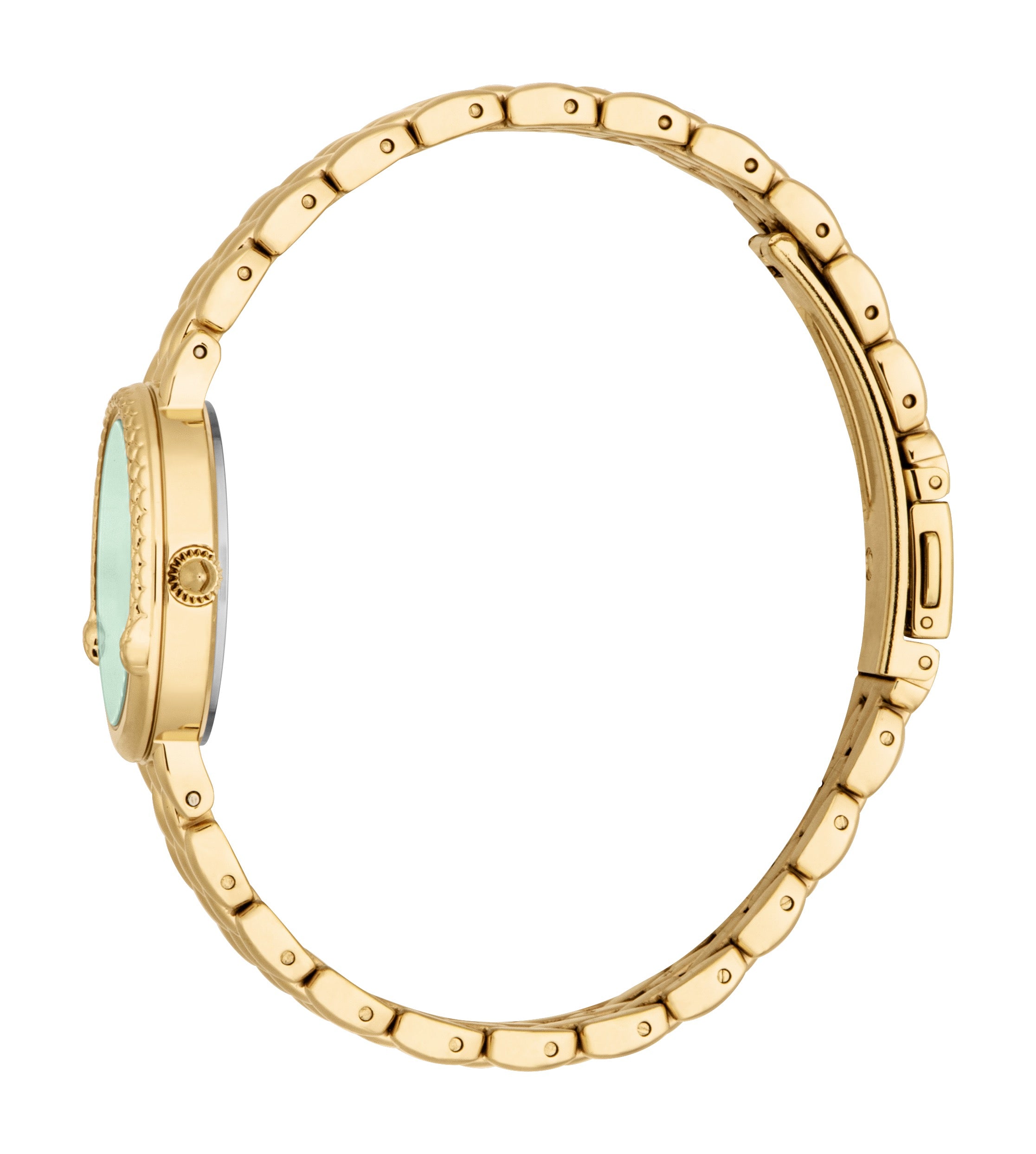 Gold-toned watch with a round case, textured bezel, and light green dial. Features a gold-toned metal link bracelet.