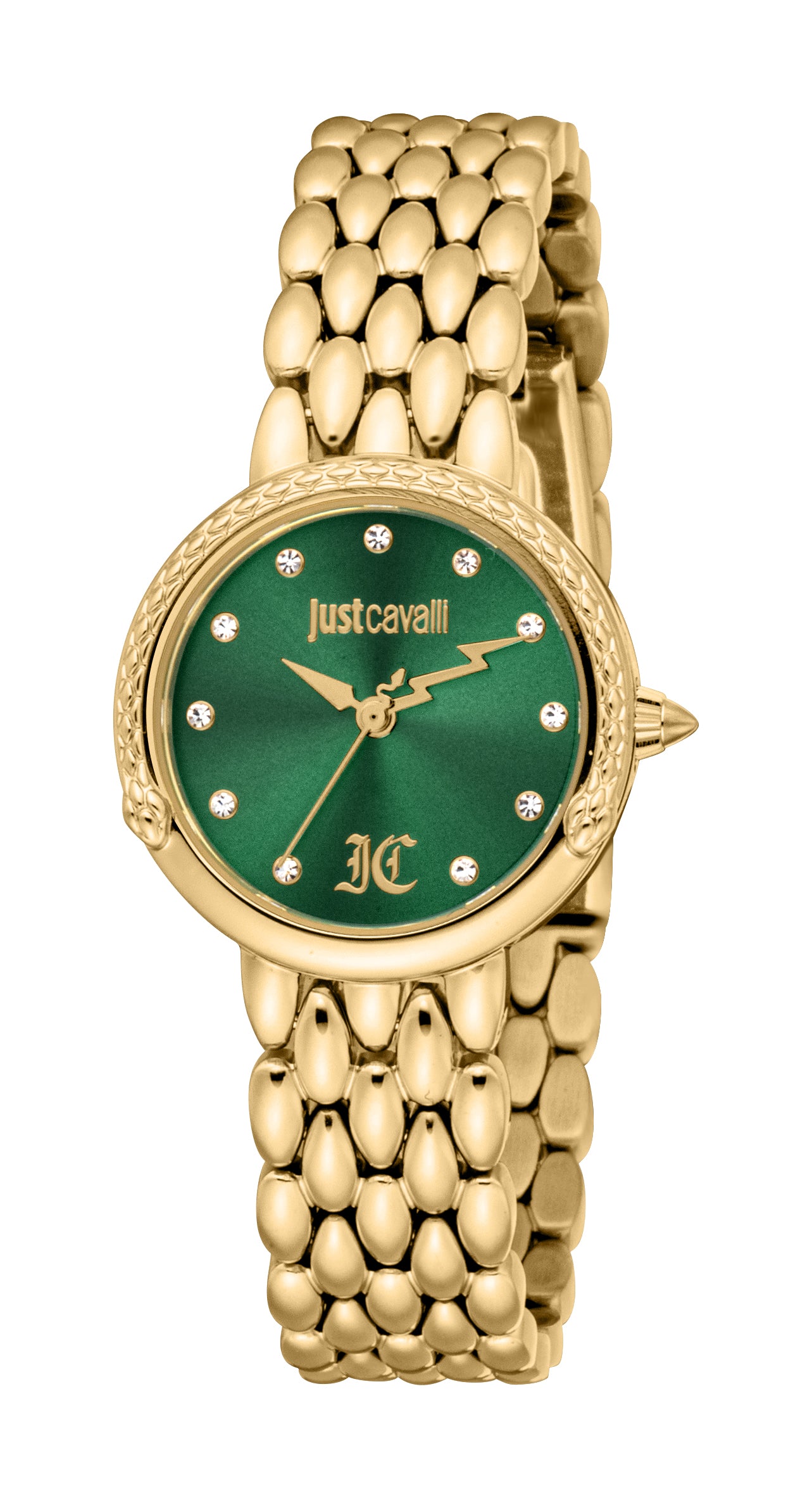 Just Cavalli women's watch with a gold-toned case, dark green dial, and a gold-toned metal bracelet with scale-like links.