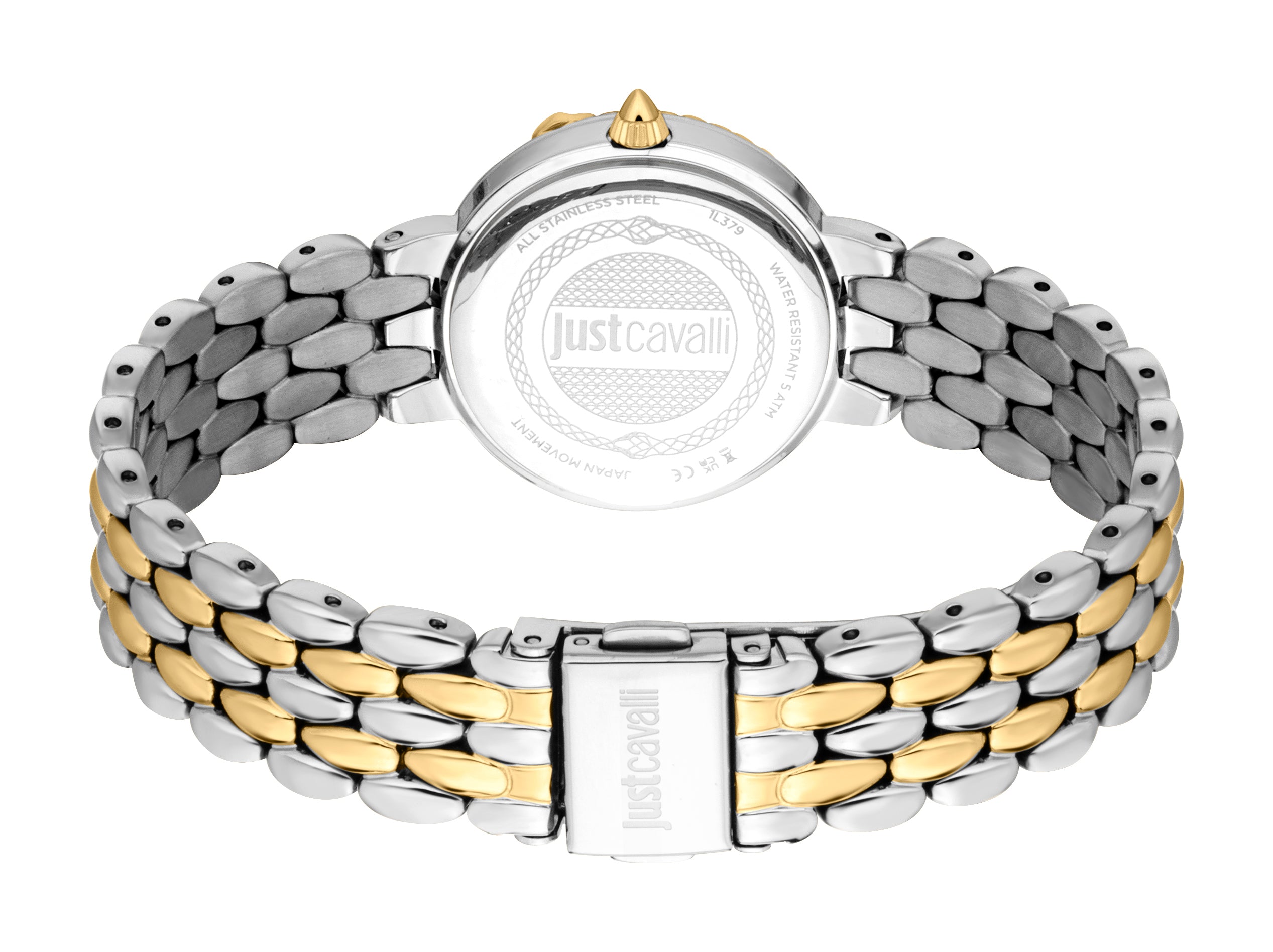 Two-tone watch with silver-toned case back, gold-toned crown. Bracelet has silver-toned outer and gold-toned inner links, wit