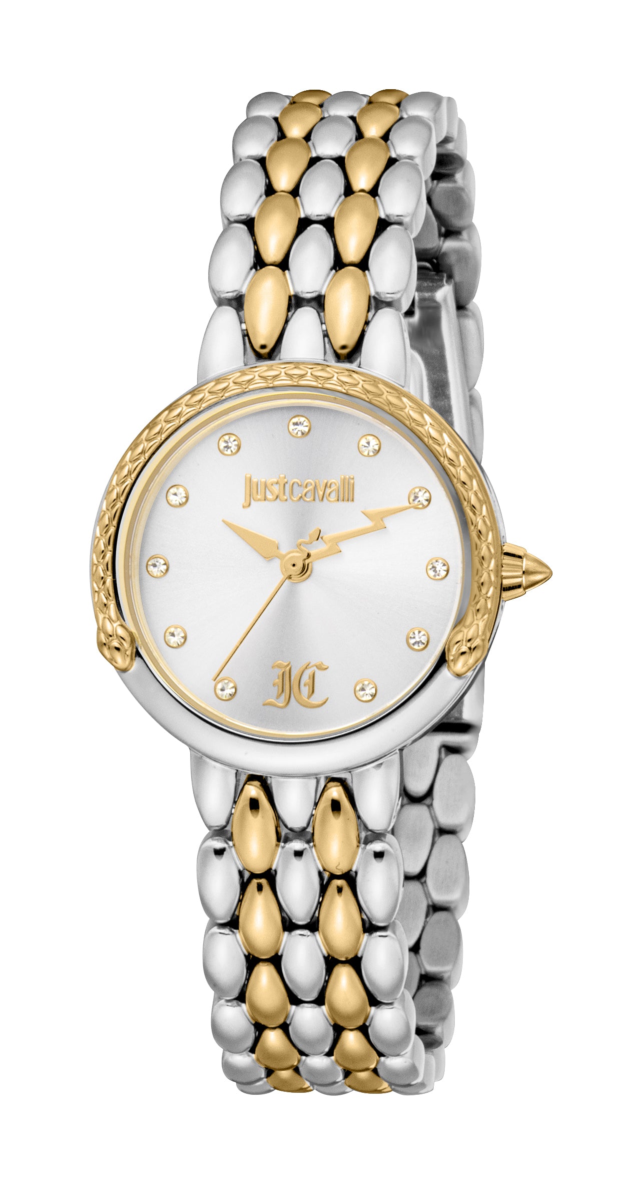 Just Cavalli women's watch with silver and gold-toned scale-like link bracelet, silver dial, and gold-toned snake bezel.