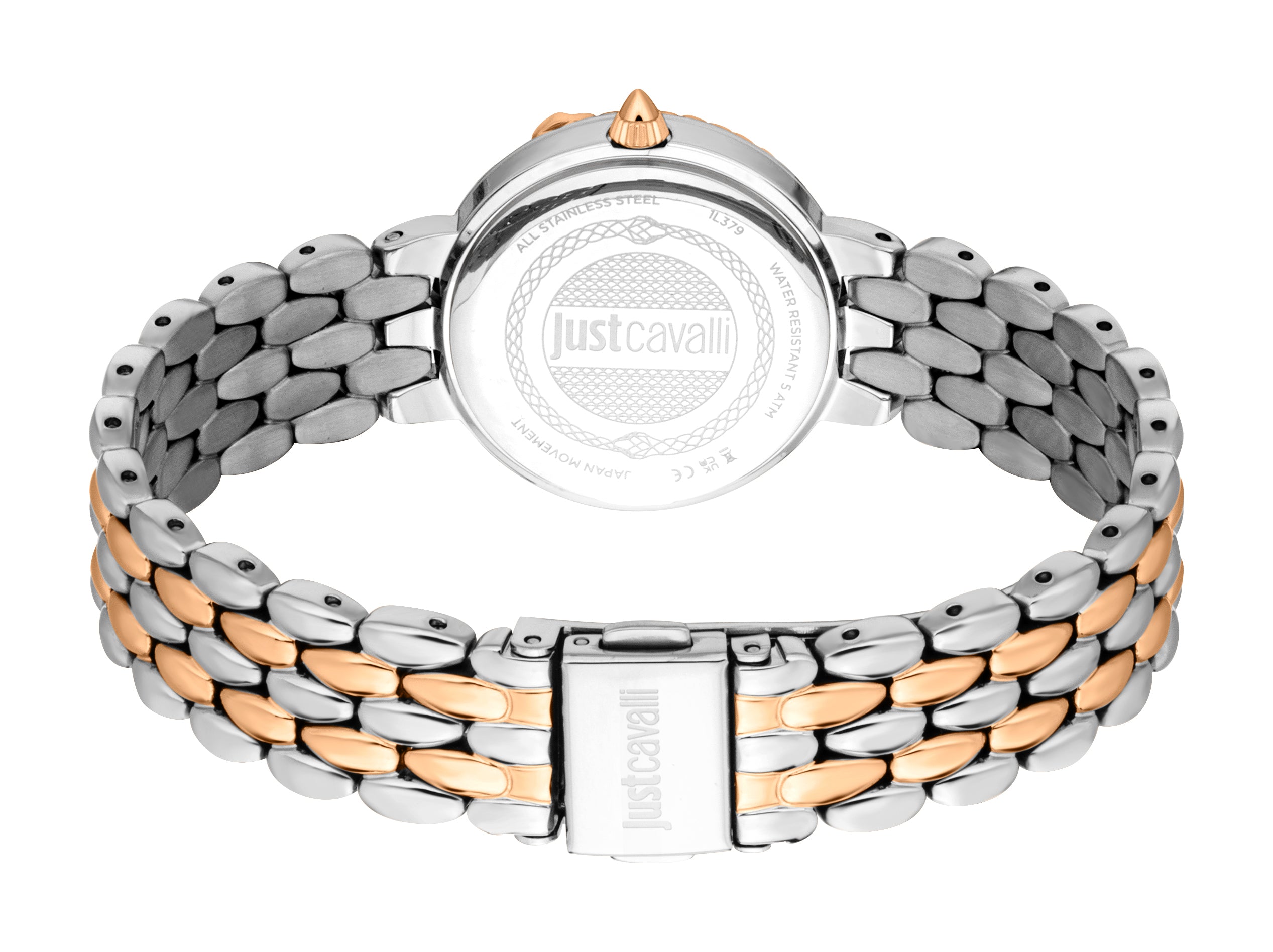 Two-tone watch with a silver-toned case back and rose gold-toned crown. The bracelet has alternating rows of silver-toned and