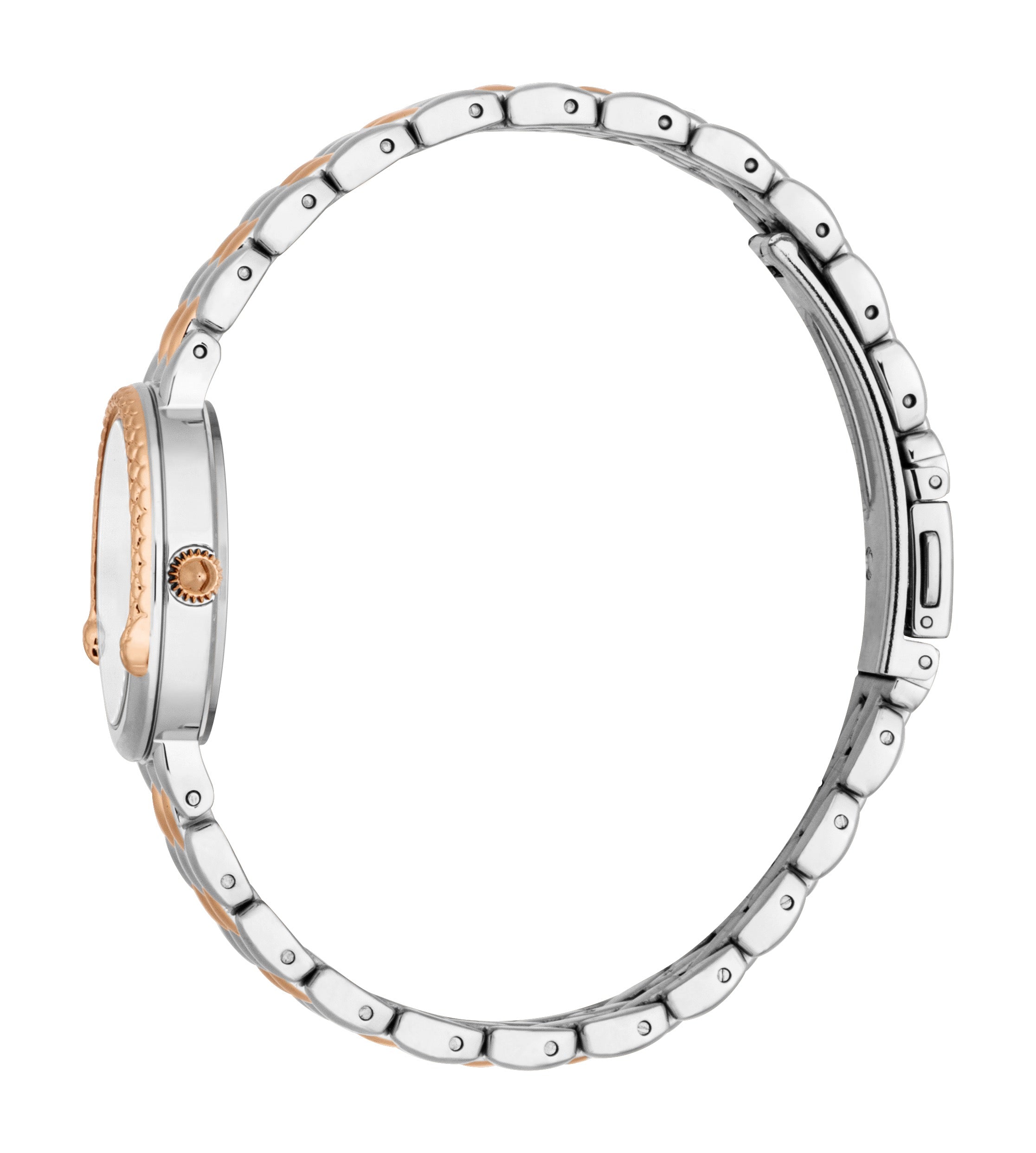 Two-tone watch with silver-toned case, rose-gold-toned textured bezel and crown, and silver-toned and rose-gold-toned link br