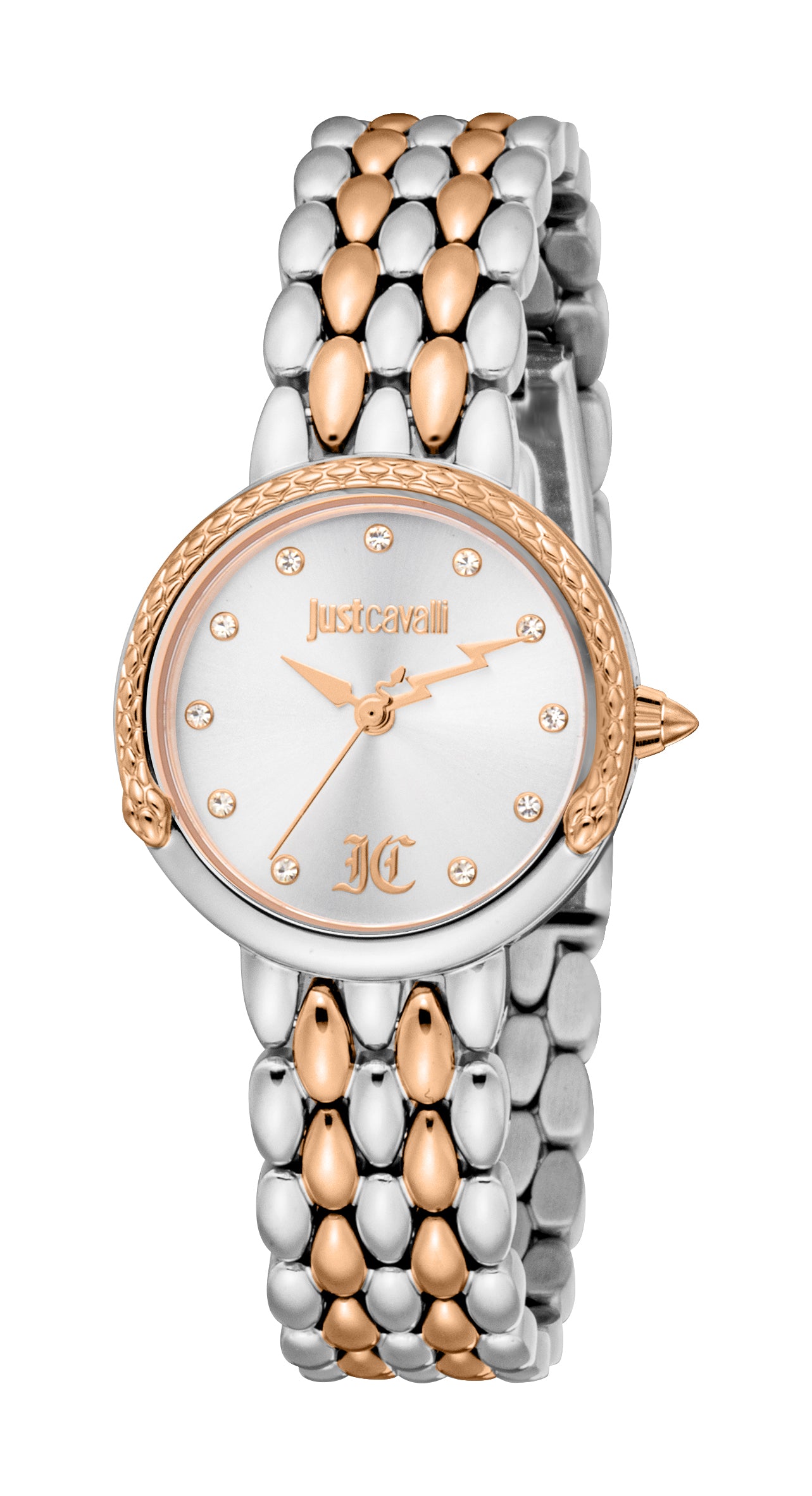 Just Cavalli women's watch with a silver-toned and rose gold-toned two-tone bracelet, silver dial, and rose gold-toned textur