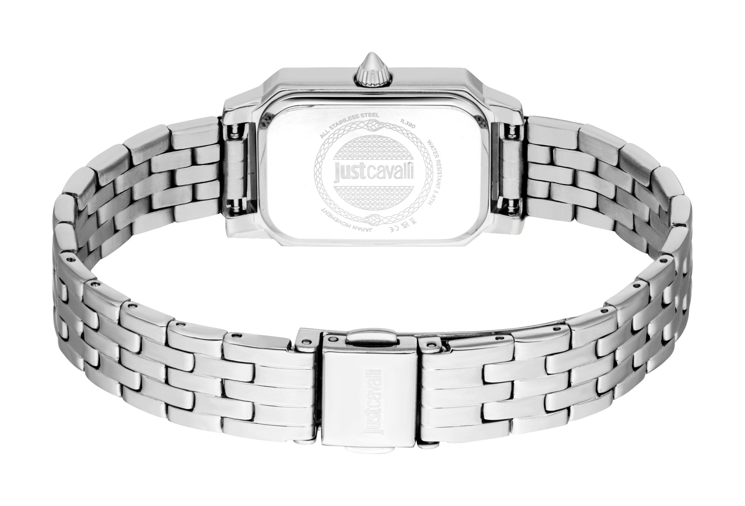 Silver-toned rectangular watch with a stainless steel link bracelet and deployant clasp. The case back shows the Justcavalli