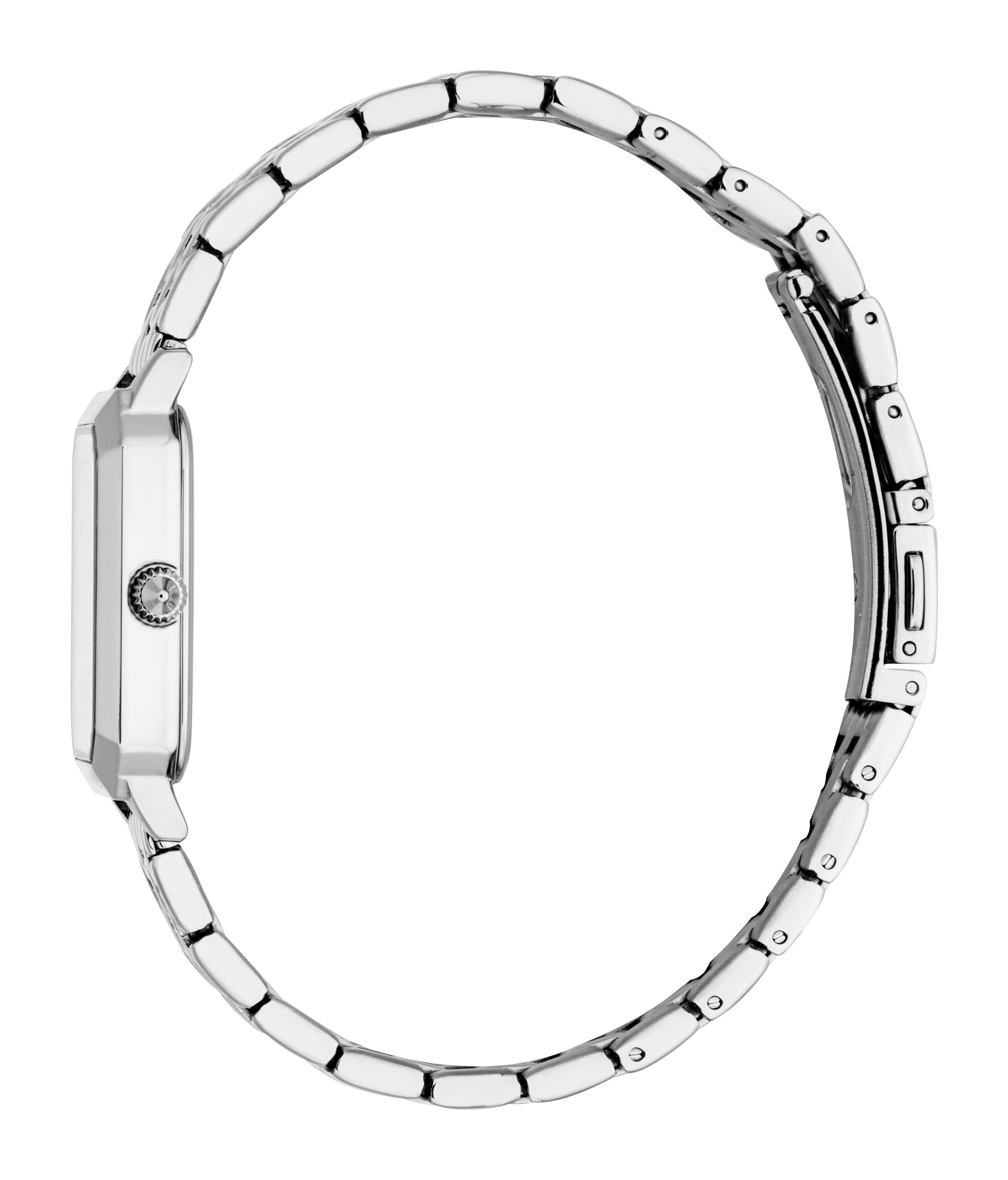 Silver-toned rectangular watch with a textured crown and a silver-toned link bracelet.