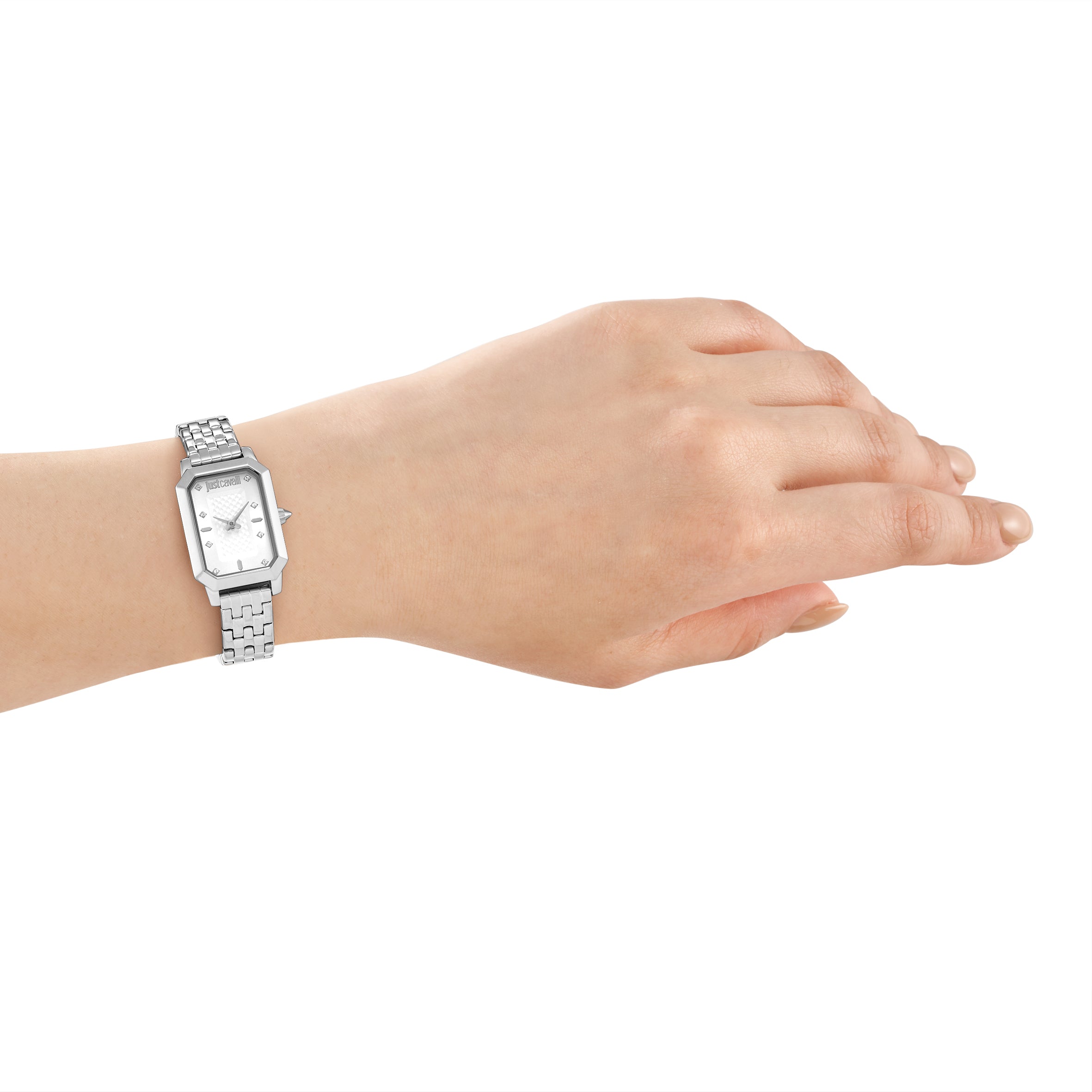 Silver-toned stainless steel watch with a rectangular faceted case, silver-toned dial with clear stone markers, and a link br