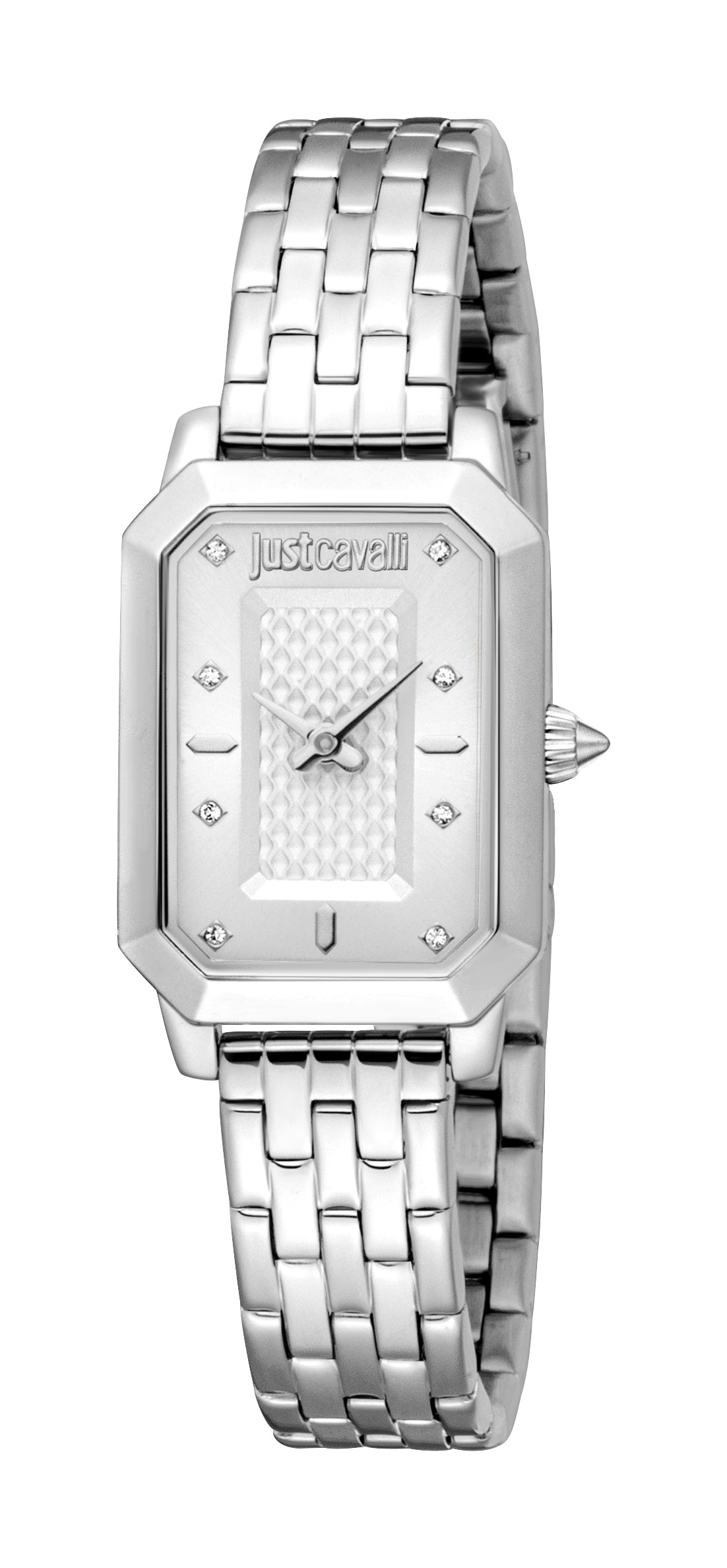 Silver-toned Just Cavalli women's watch with a rectangular faceted case, silver dial, and stainless steel multi-link bracelet