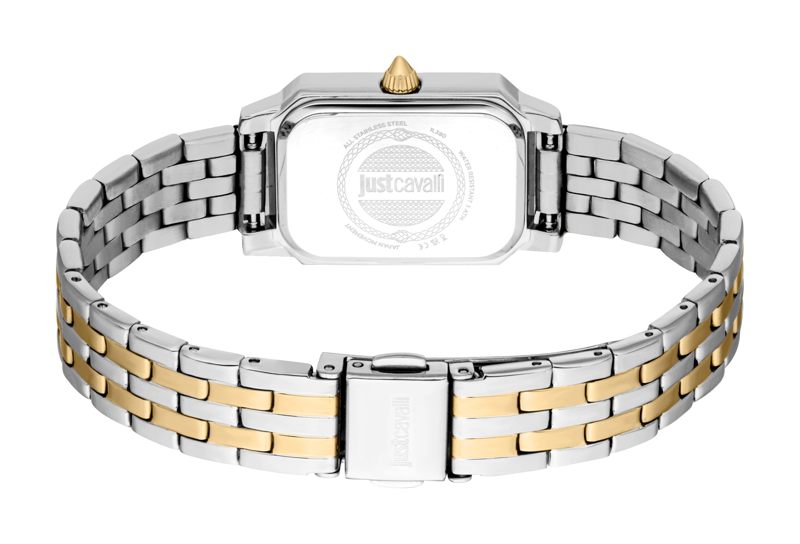 Silver-toned rectangular watch case with a gold-toned crown. Two-tone link bracelet with silver-toned outer and gold-toned in