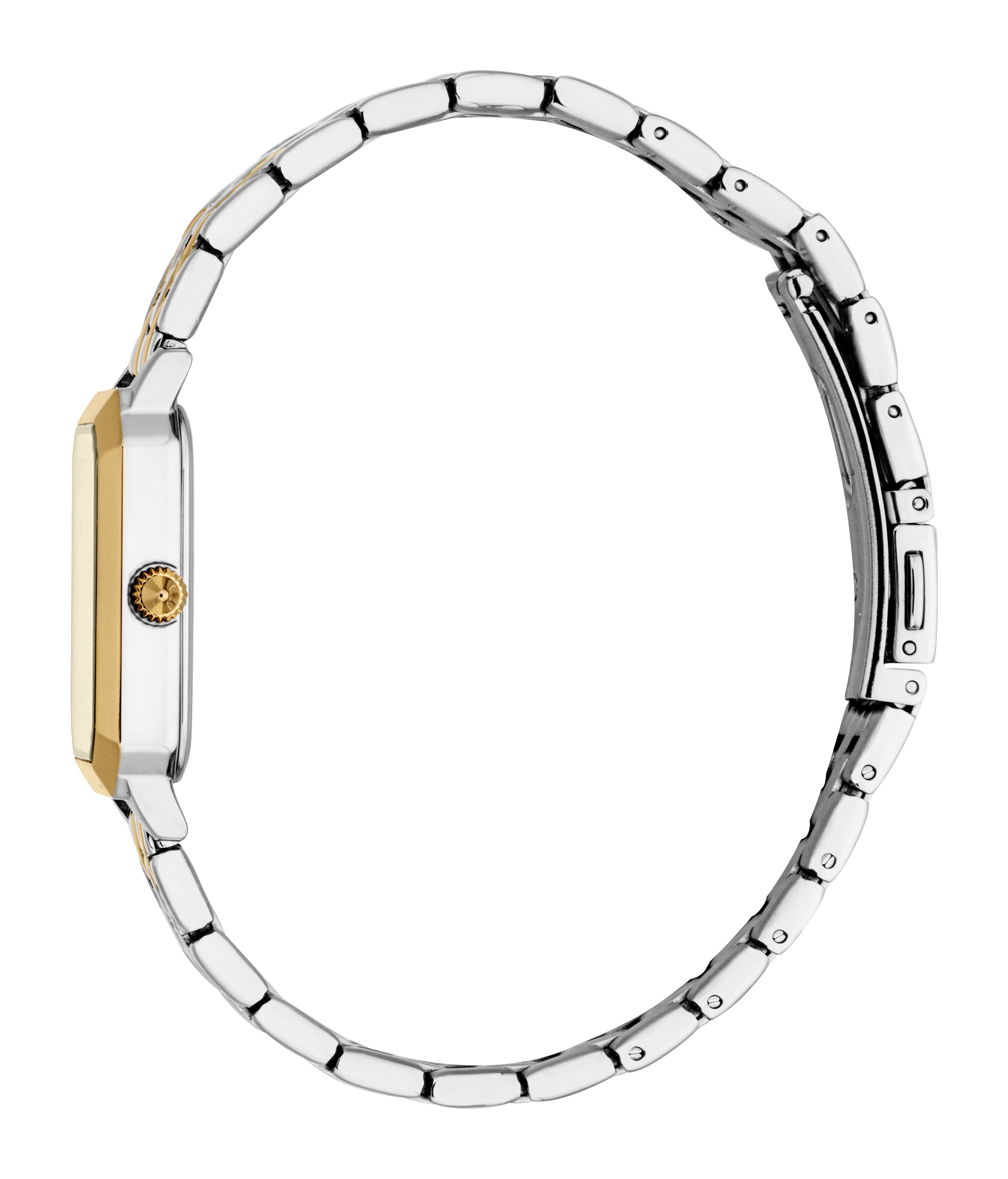 Two-tone rectangular watch with silver-toned case sides, gold-toned bezel, gold-toned crown, and a two-tone silver-gold link