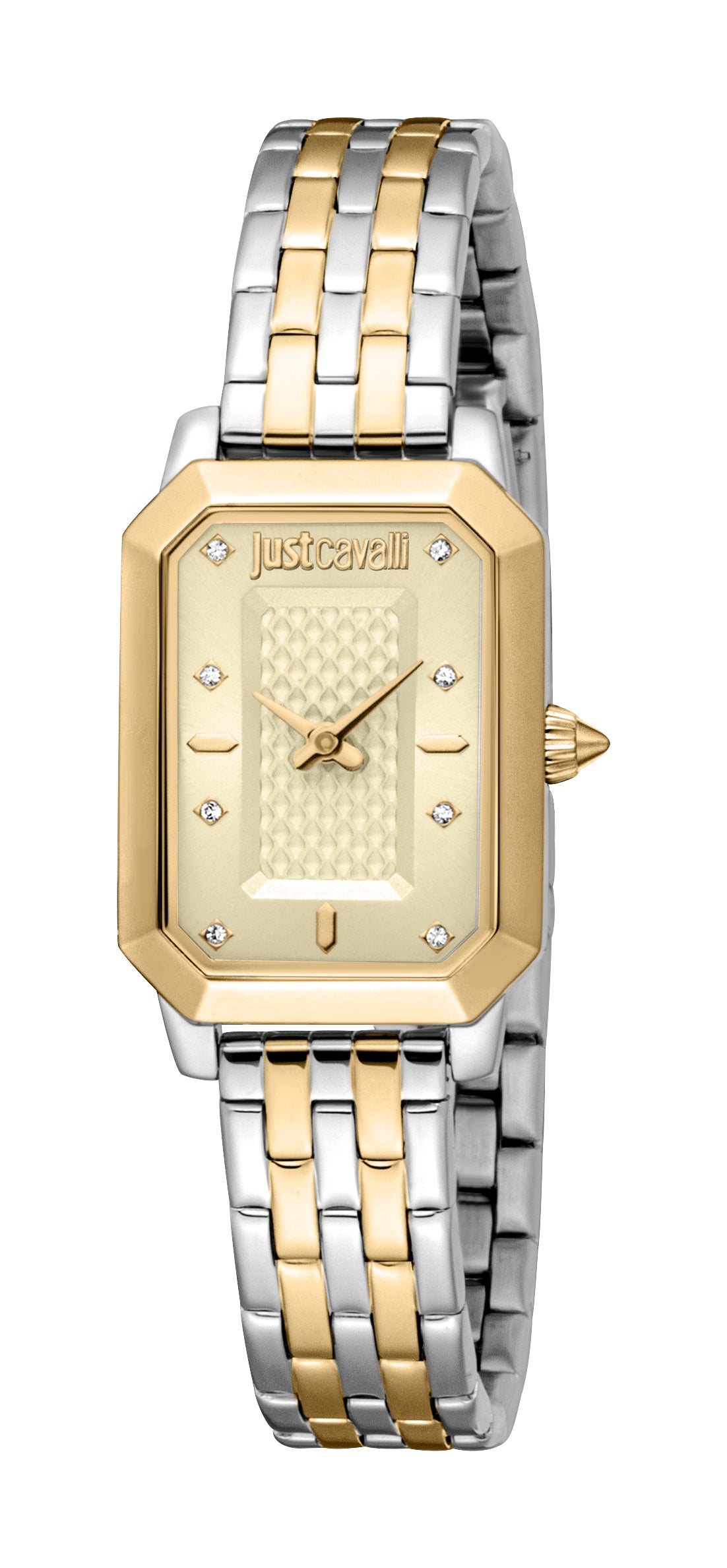 Just Cavalli women's watch with a gold-toned octagonal case, champagne dial, and two-tone silver and gold-toned link bracelet