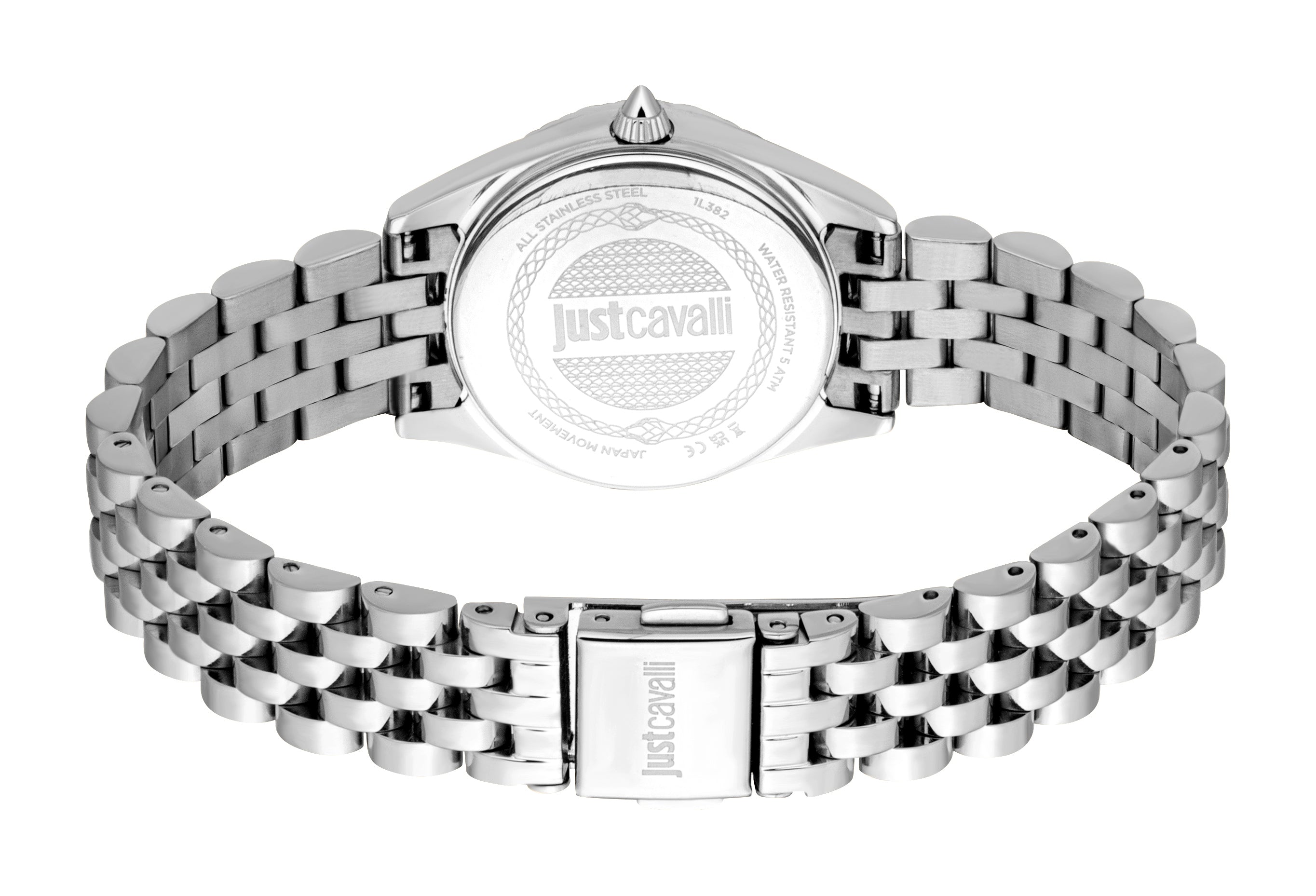 Silver-toned stainless steel watch, back view. Features a link bracelet, a case with 'Justcavalli' and snake engravings, and