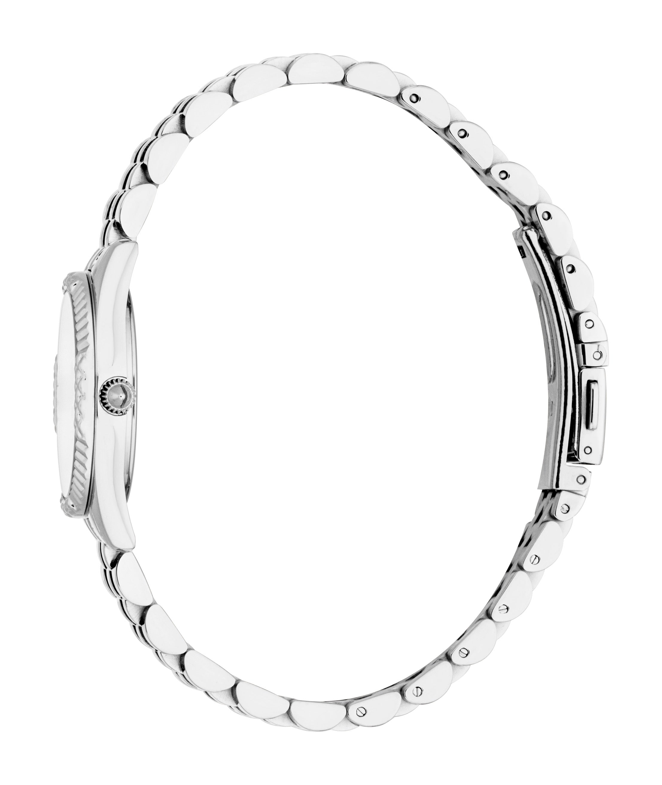 Silver-toned watch with a round case, fluted bezel, and textured crown. Features a stainless steel bracelet with rounded link