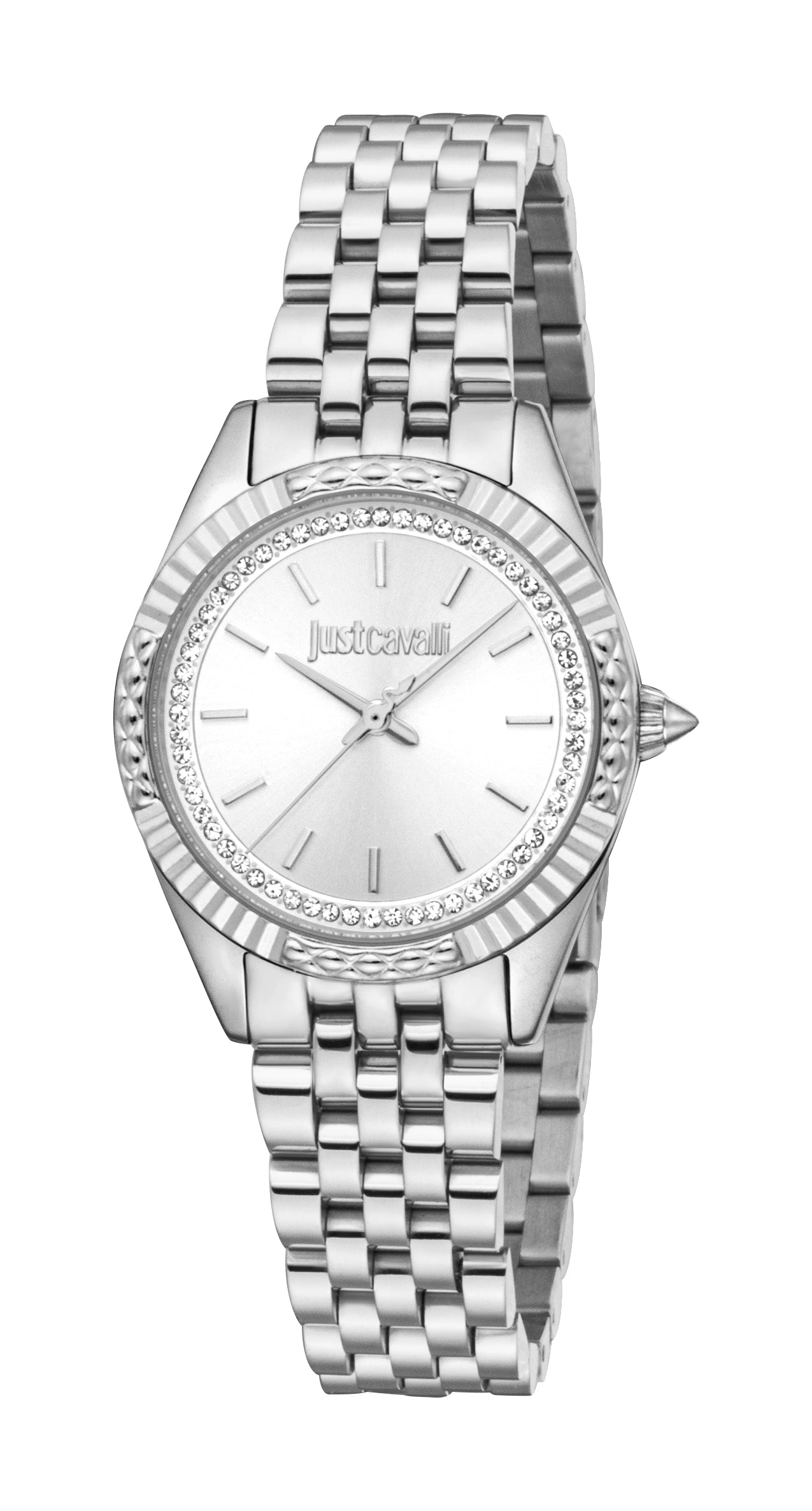 Silver-coloured Just Cavalli women's watch with a round case, silver dial, stainless steel link bracelet, and crystal-embelli