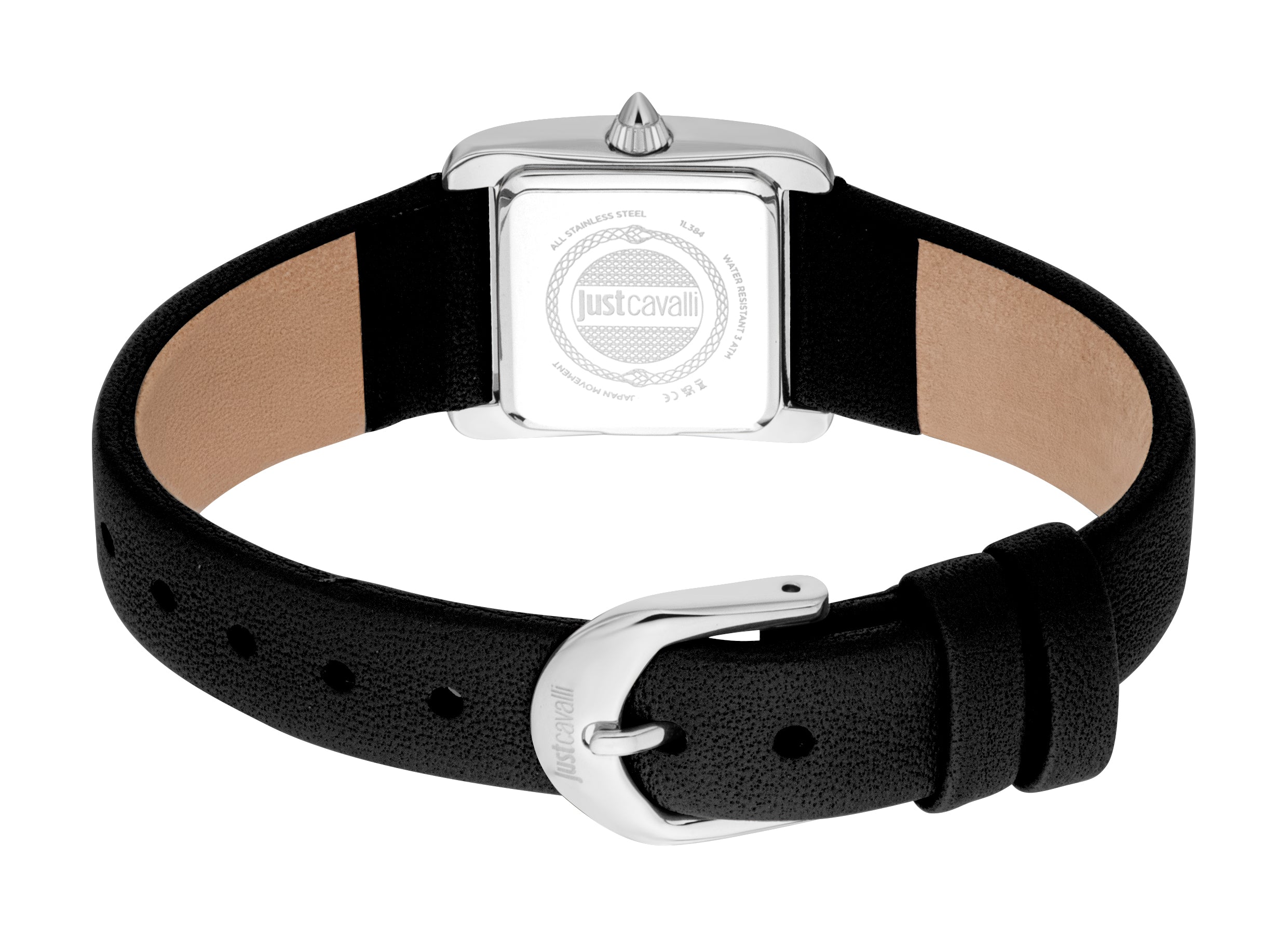 Back of a women's watch: silver-toned rectangular case, black textured leather strap with tan underside, silver-toned buckle.