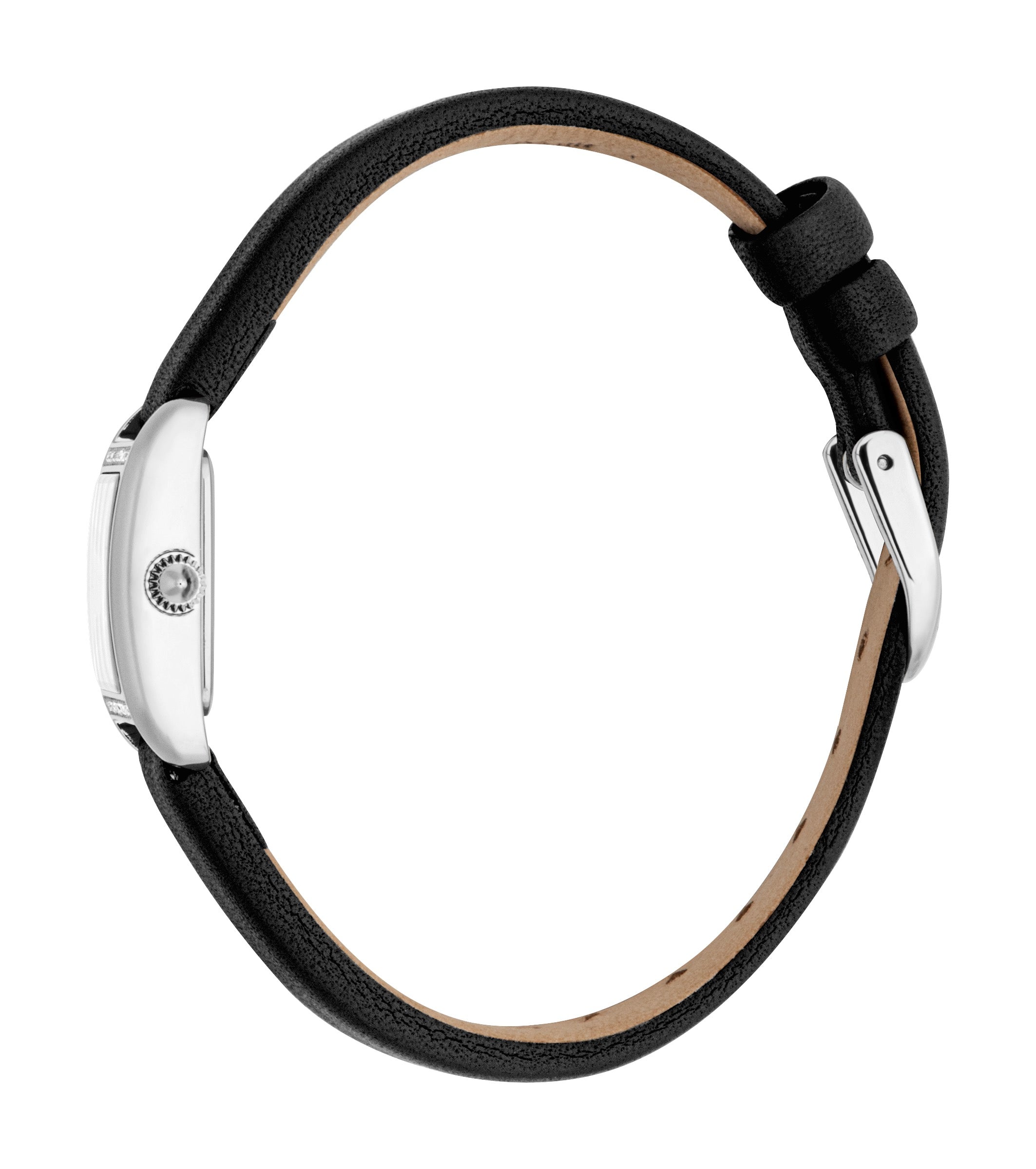 Silver-toned rectangular watch with a textured crown, and a black leather strap with a silver-toned buckle and two keepers.