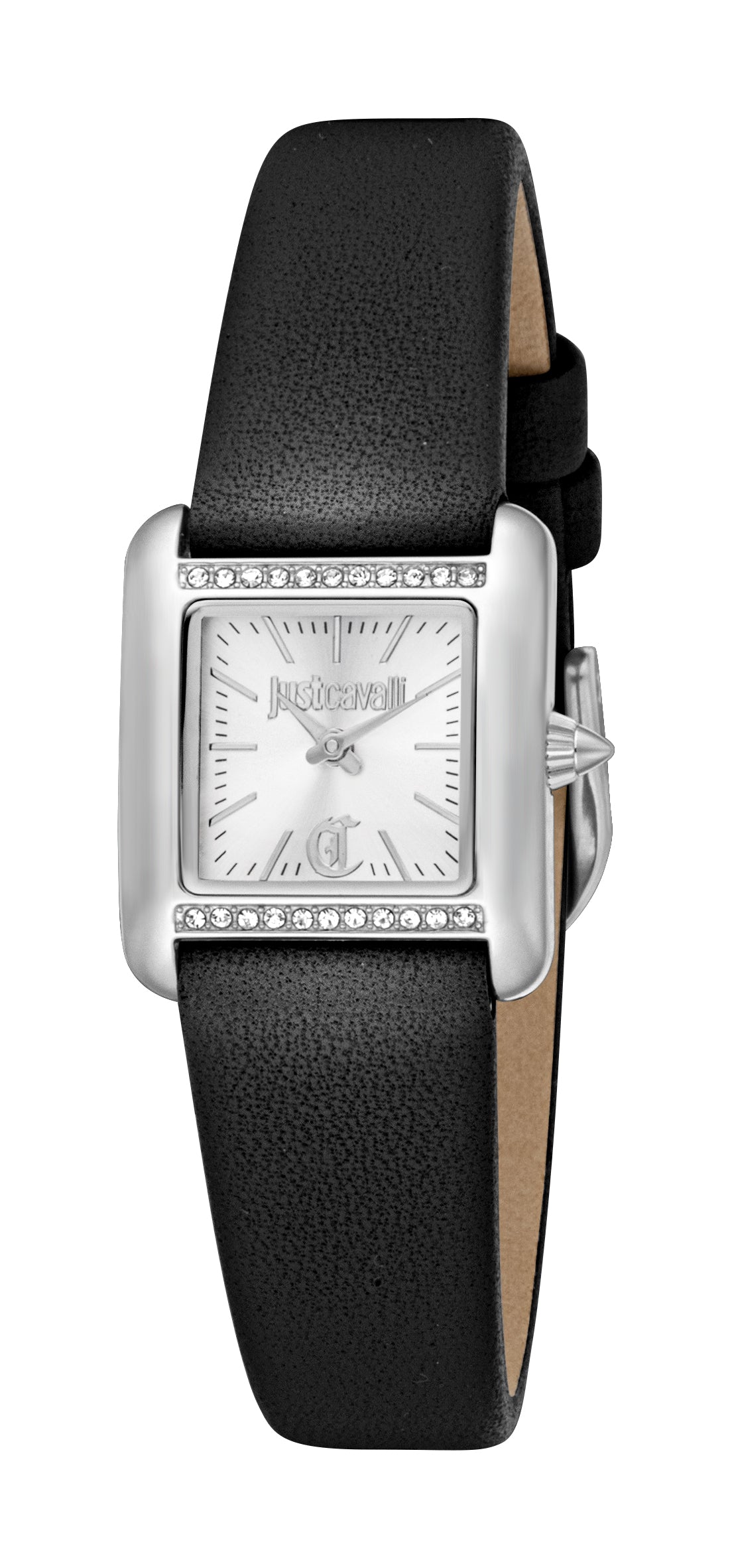 Women's Just Cavalli watch with a silver-toned rectangular case, silver dial, clear stone embellishments, and a black leather
