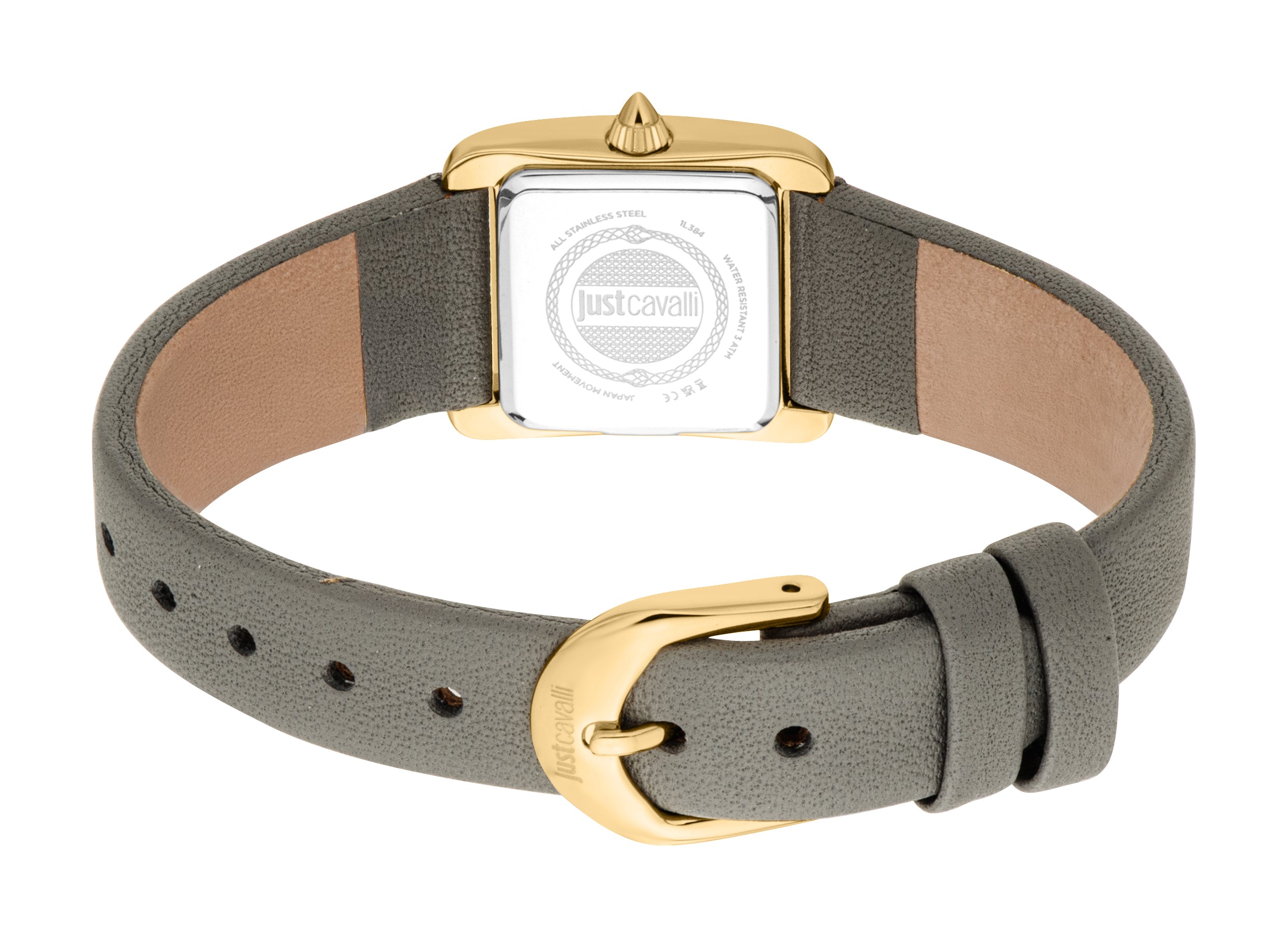 Women's watch with gold-toned rectangular case, silver-toned back, and grey leather strap with gold-toned buckle.