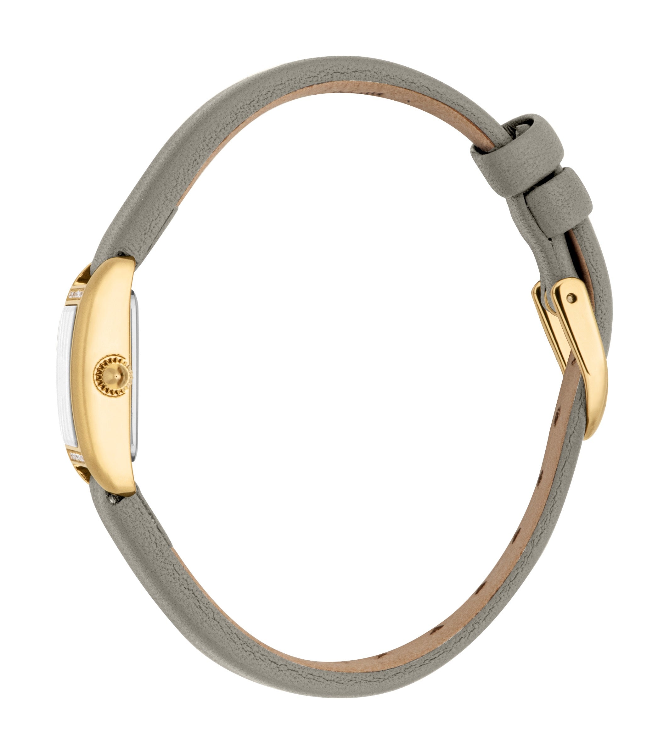 Gold-toned watch with textured crown, grey leather strap, and gold-toned buckle with two grey leather keepers.