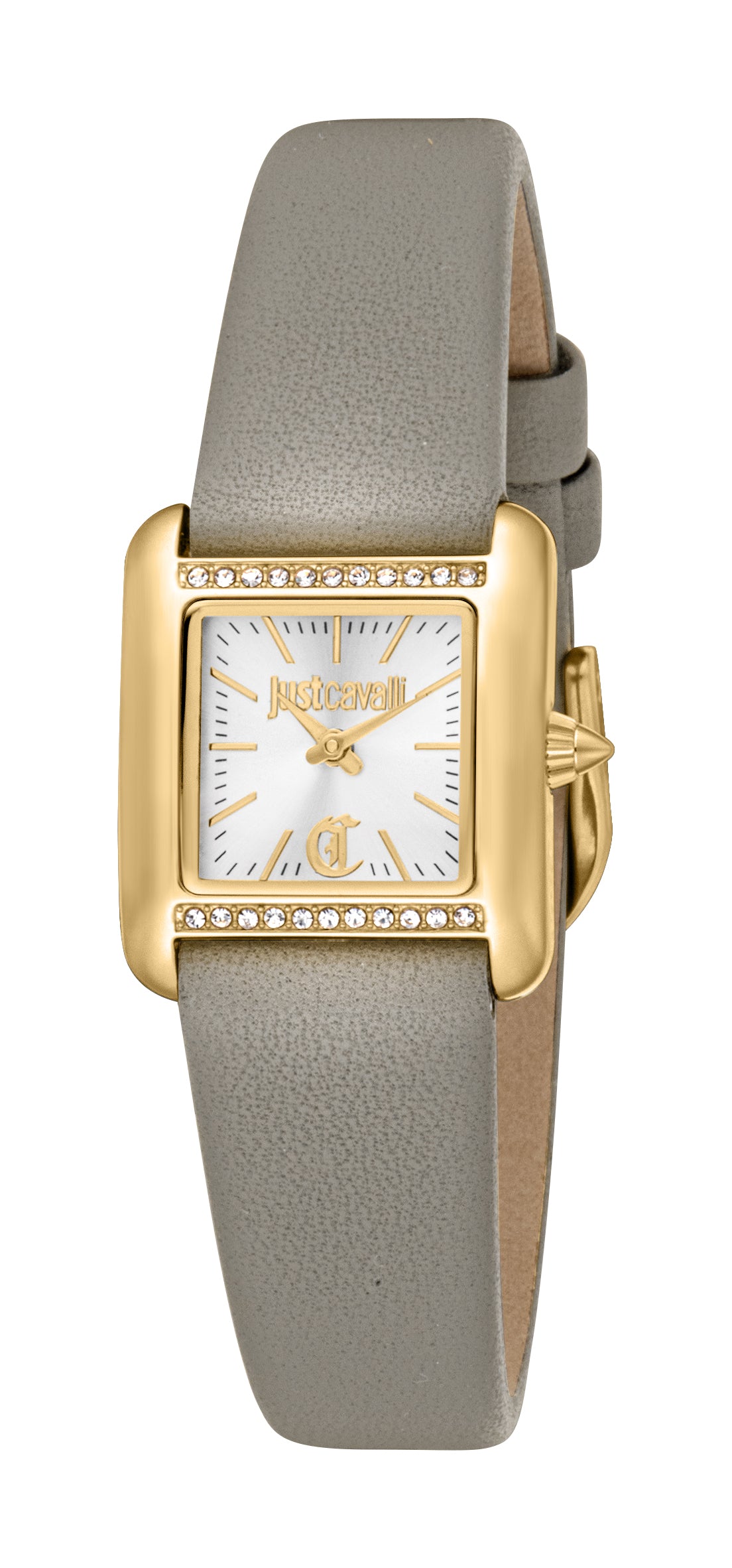 Just Cavalli women's watch with a gold-coloured rectangular case, silver dial, and grey leather strap.