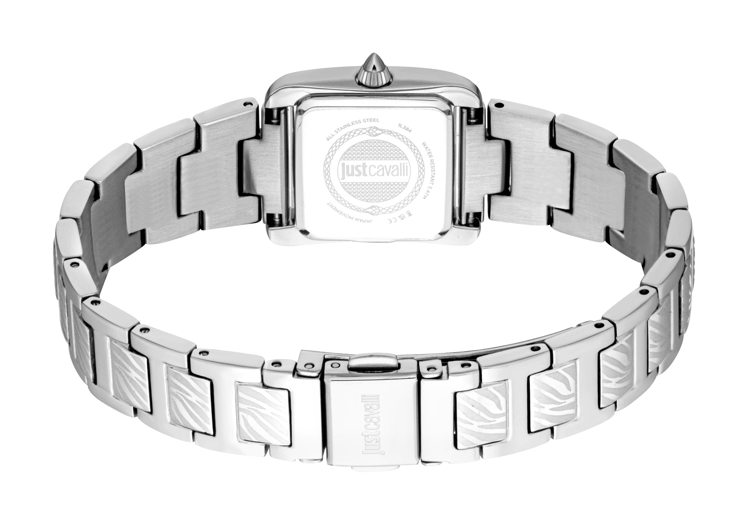 Back view of a silver-toned rectangular watch with a metal link bracelet featuring etched zebra patterns and a 'Just Cavalli'