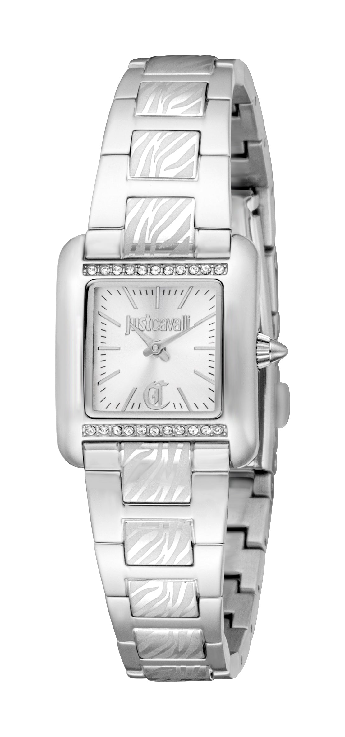 Silver-toned women's watch with a rectangular case, silver dial, crystal-set bezel, and stainless steel link bracelet with ze