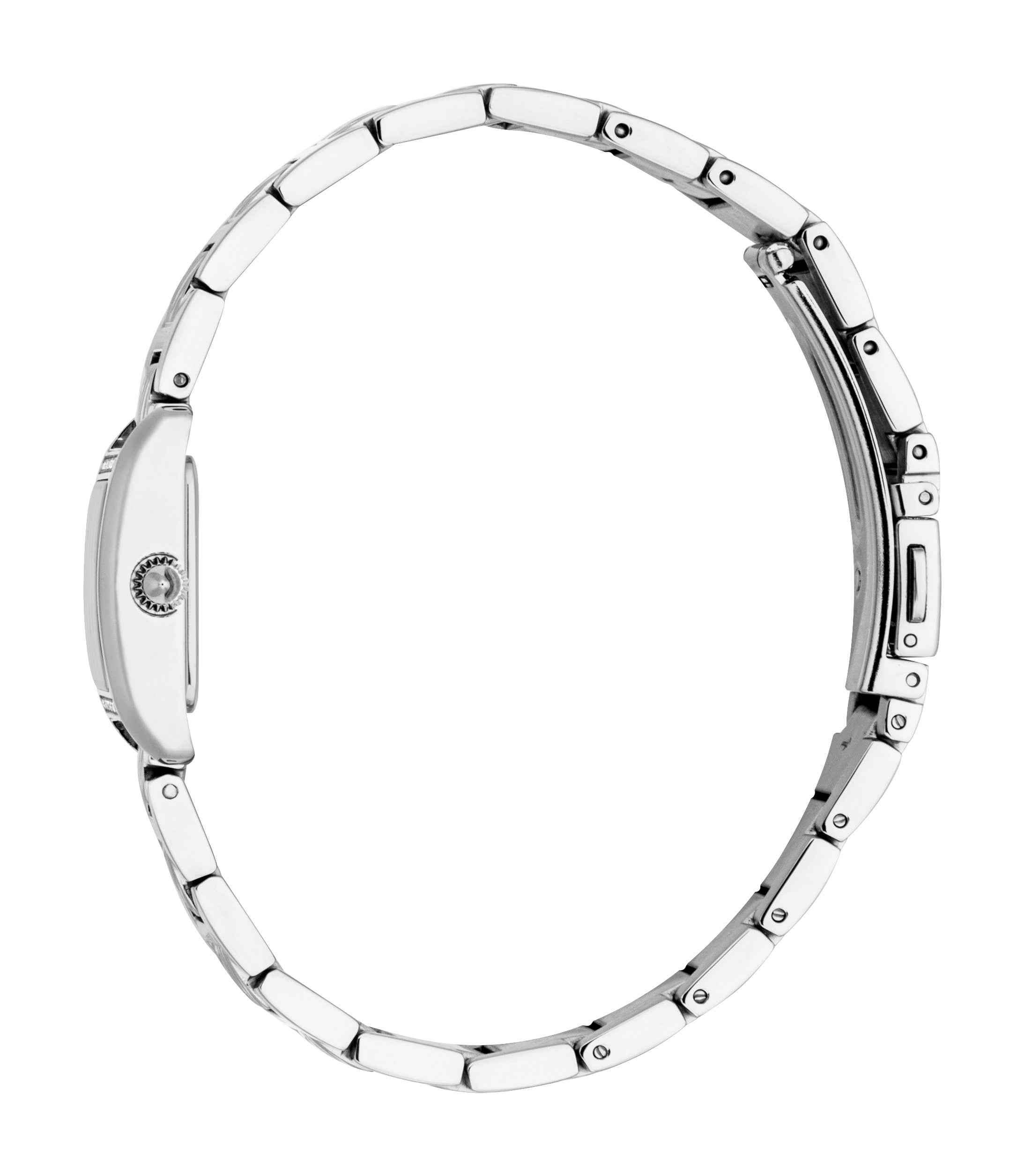 Silver-toned rectangular watch with a textured crown and a stainless steel link bracelet, shown from the side with clasp.