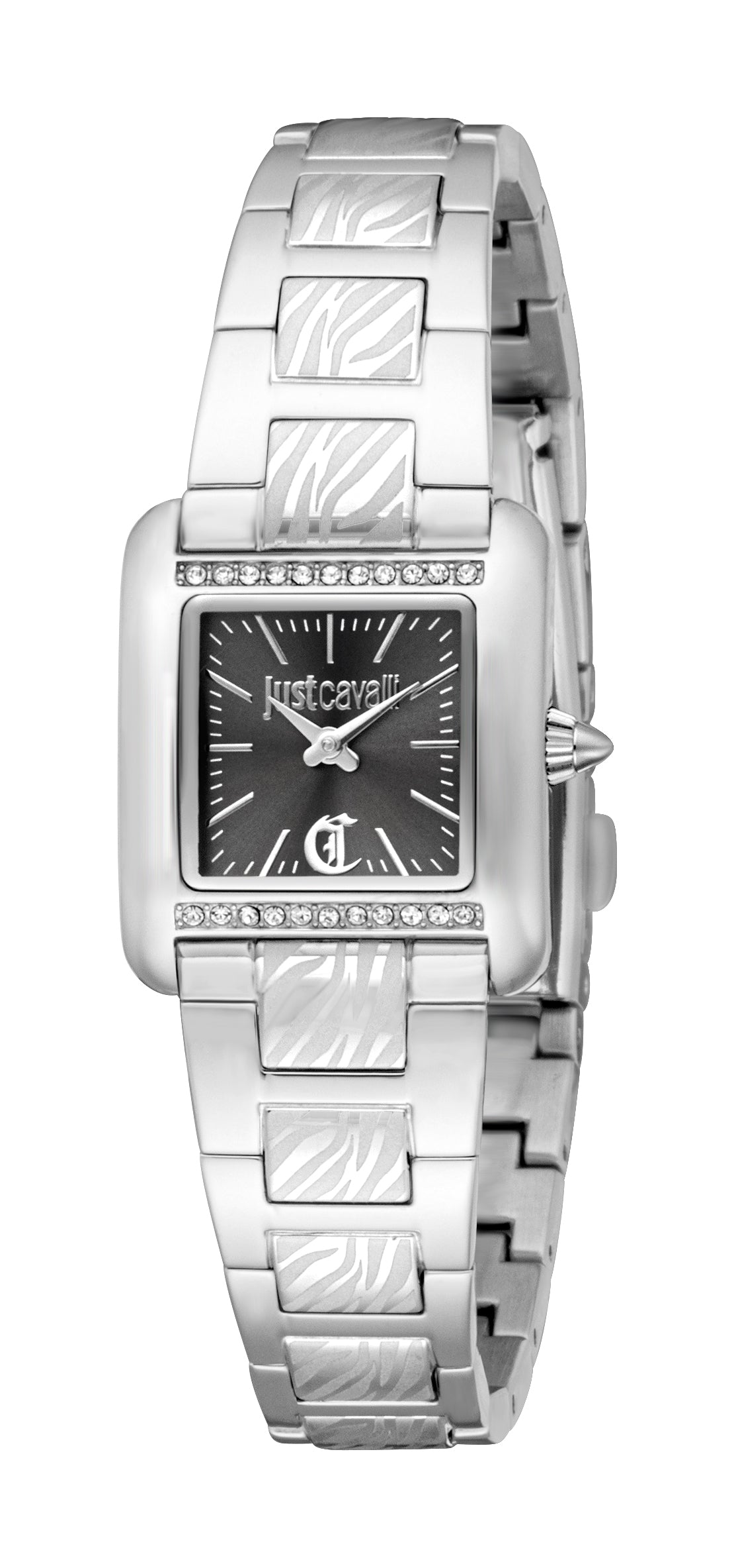 Silver-coloured Just Cavalli women's watch with rectangular case, black dial, crystal details, and zebra-print link bracelet.