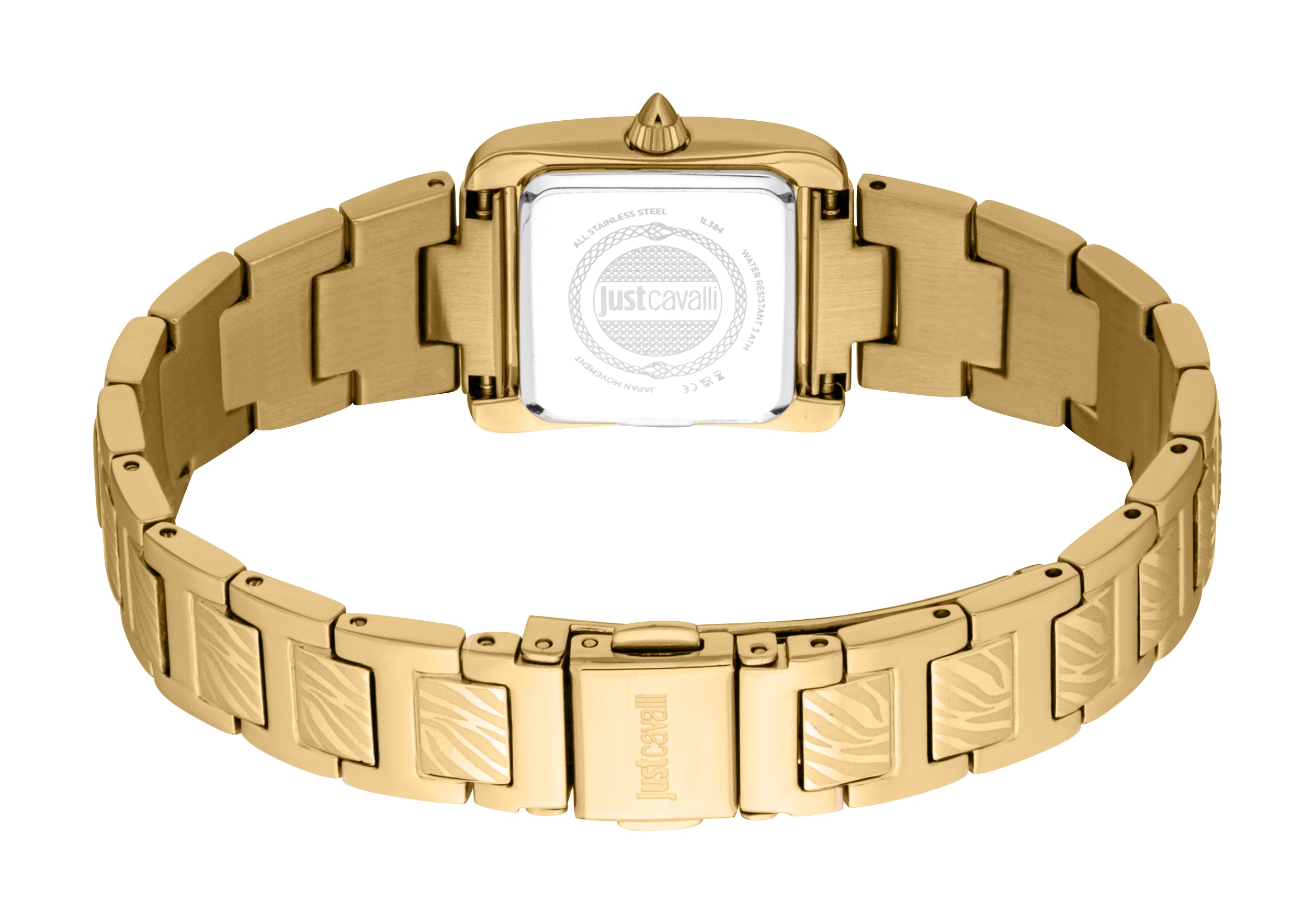 Gold-toned square watch with a pointed crown. Its metal link bracelet features etched zebra-stripe patterns. The case back is
