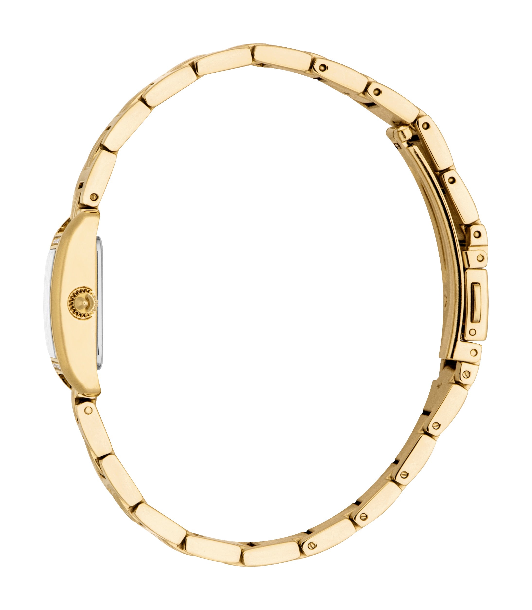Gold-toned rectangular watch with a silver dial and a gold-toned metal link bracelet, featuring a textured crown.