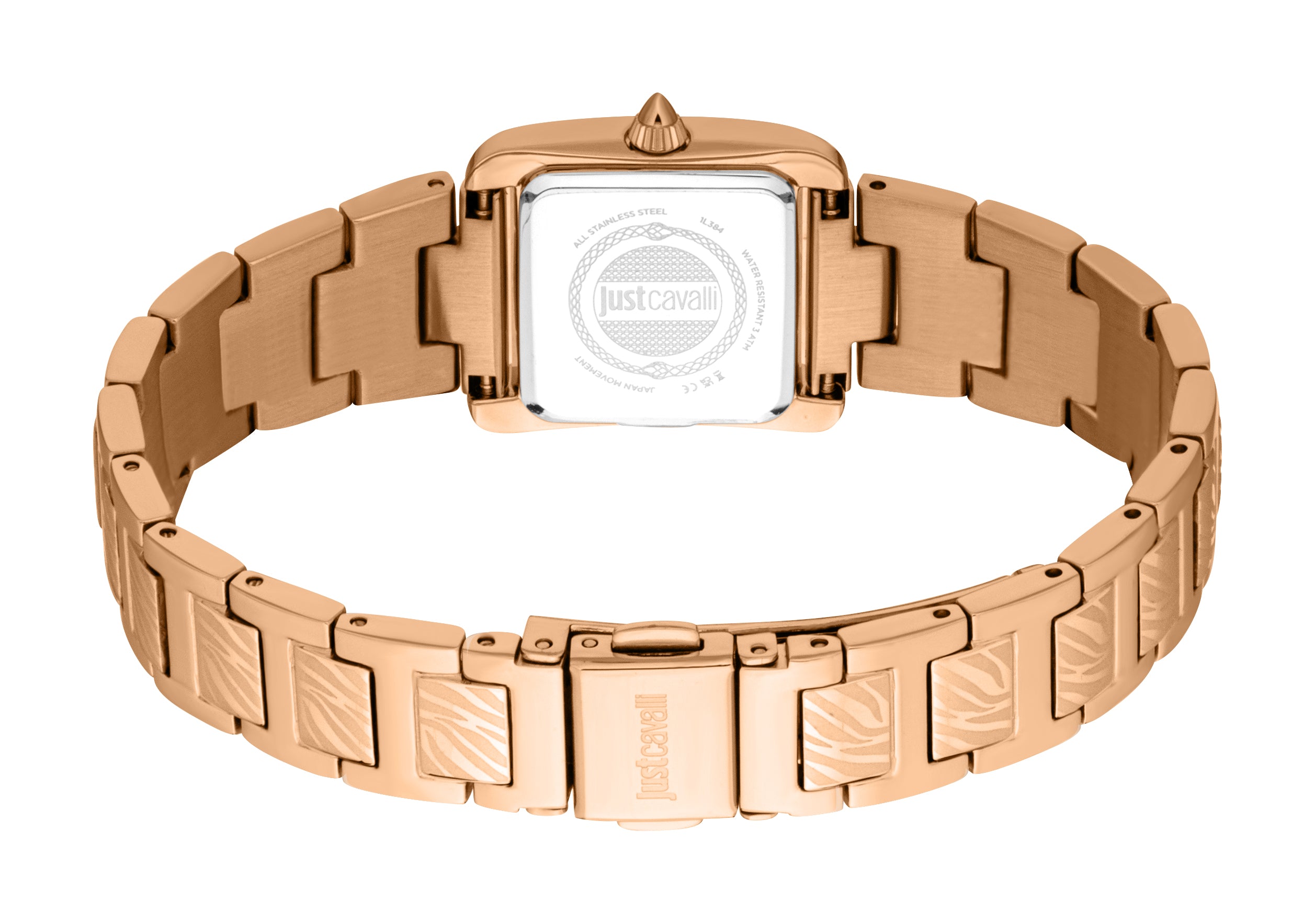 Back view of a rose gold-toned watch with a rectangular case, white back, and a link bracelet with zebra-stripe patterns and