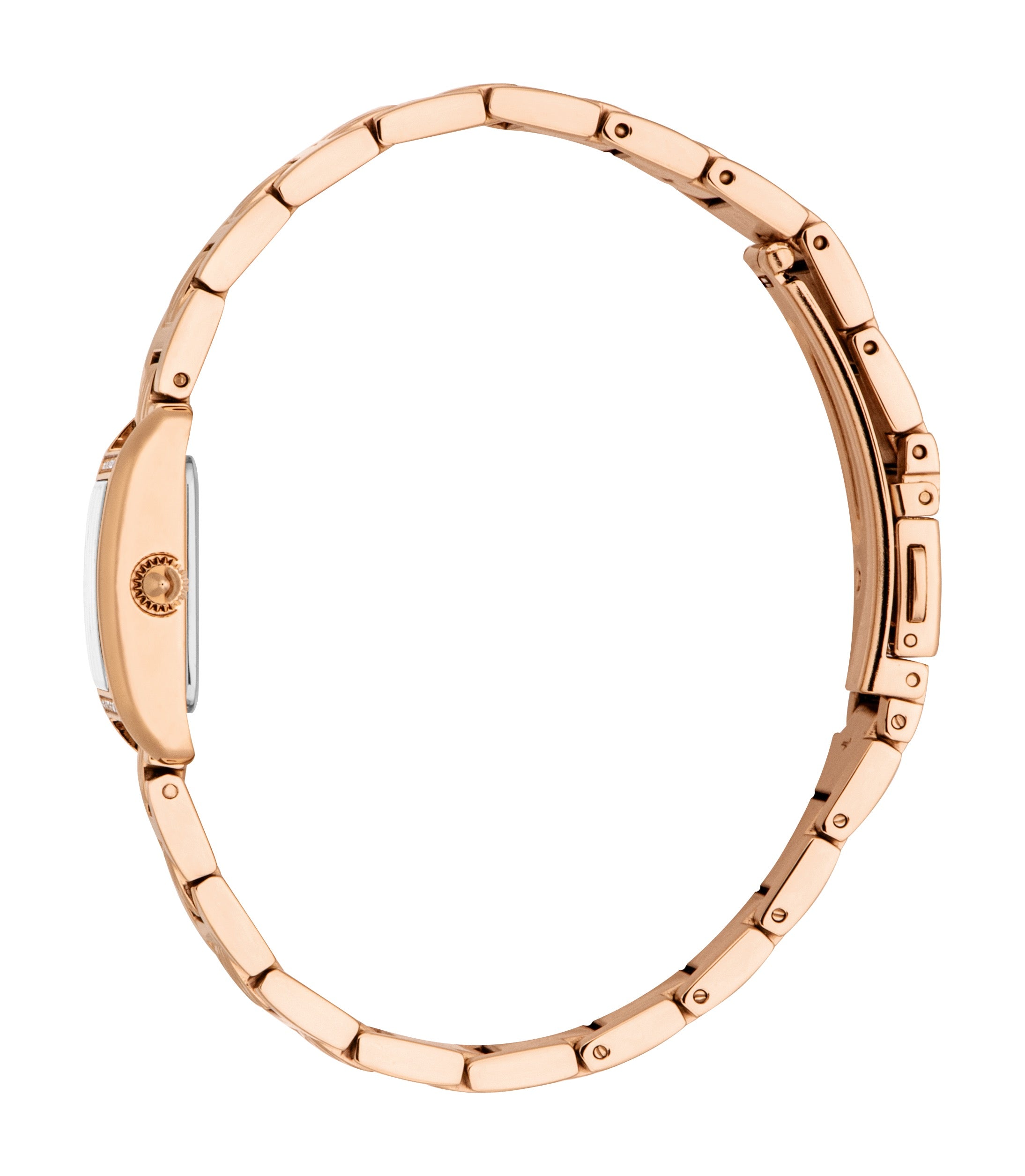 Women's watch with a rose-gold-toned rectangular case and a matching rose-gold-toned link bracelet band.