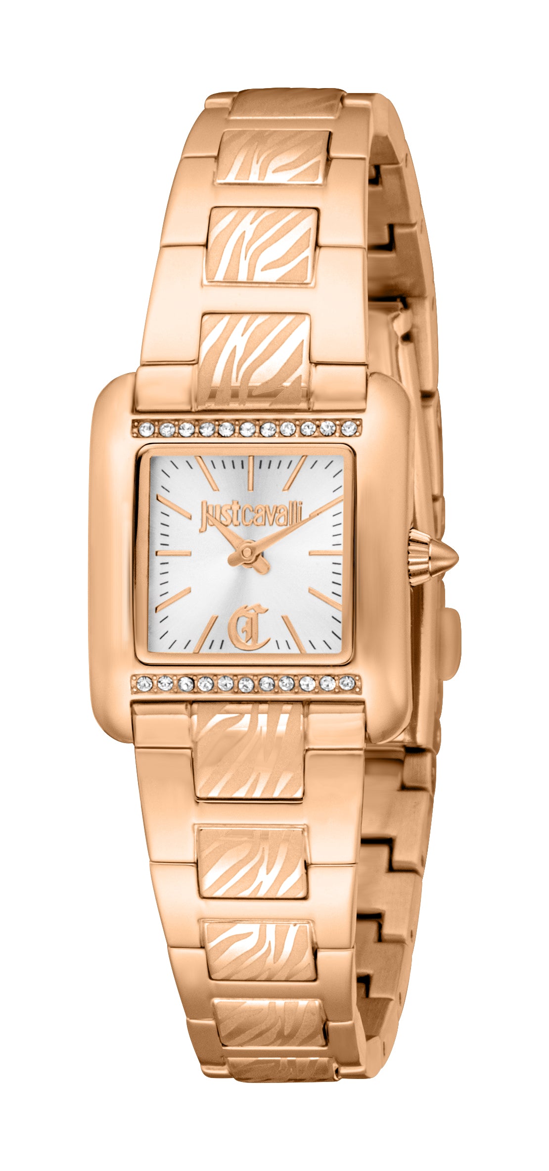 Rose gold-toned Just Cavalli women's watch with rectangular case, silver-toned dial, clear stone embellishments, and animal p