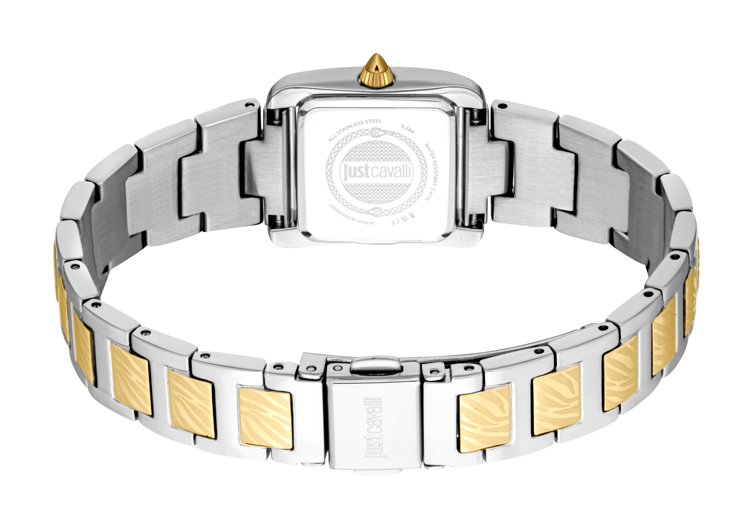 Back view of a two-tone watch with a silver-toned rectangular case and a gold-toned crown. The bracelet has silver-toned link