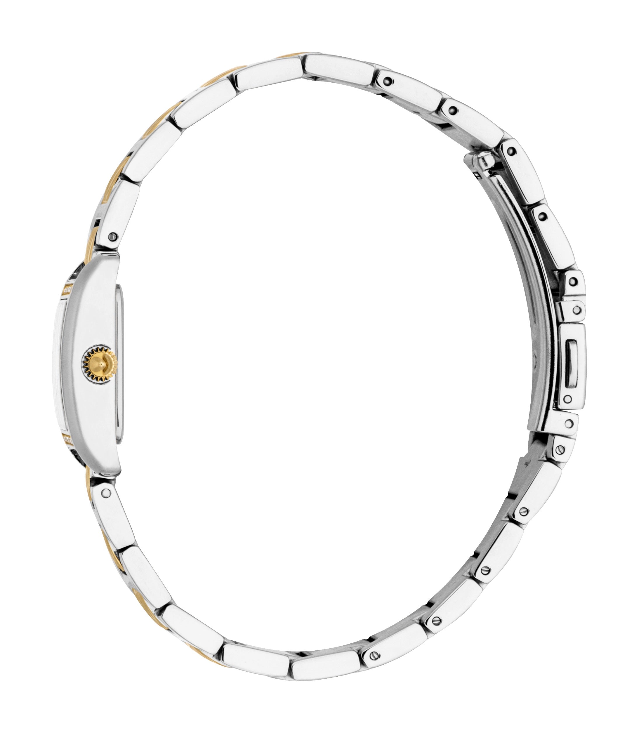 Women's two-tone silver-toned and gold-toned watch with an elongated case, textured gold-toned crown, and link bracelet.