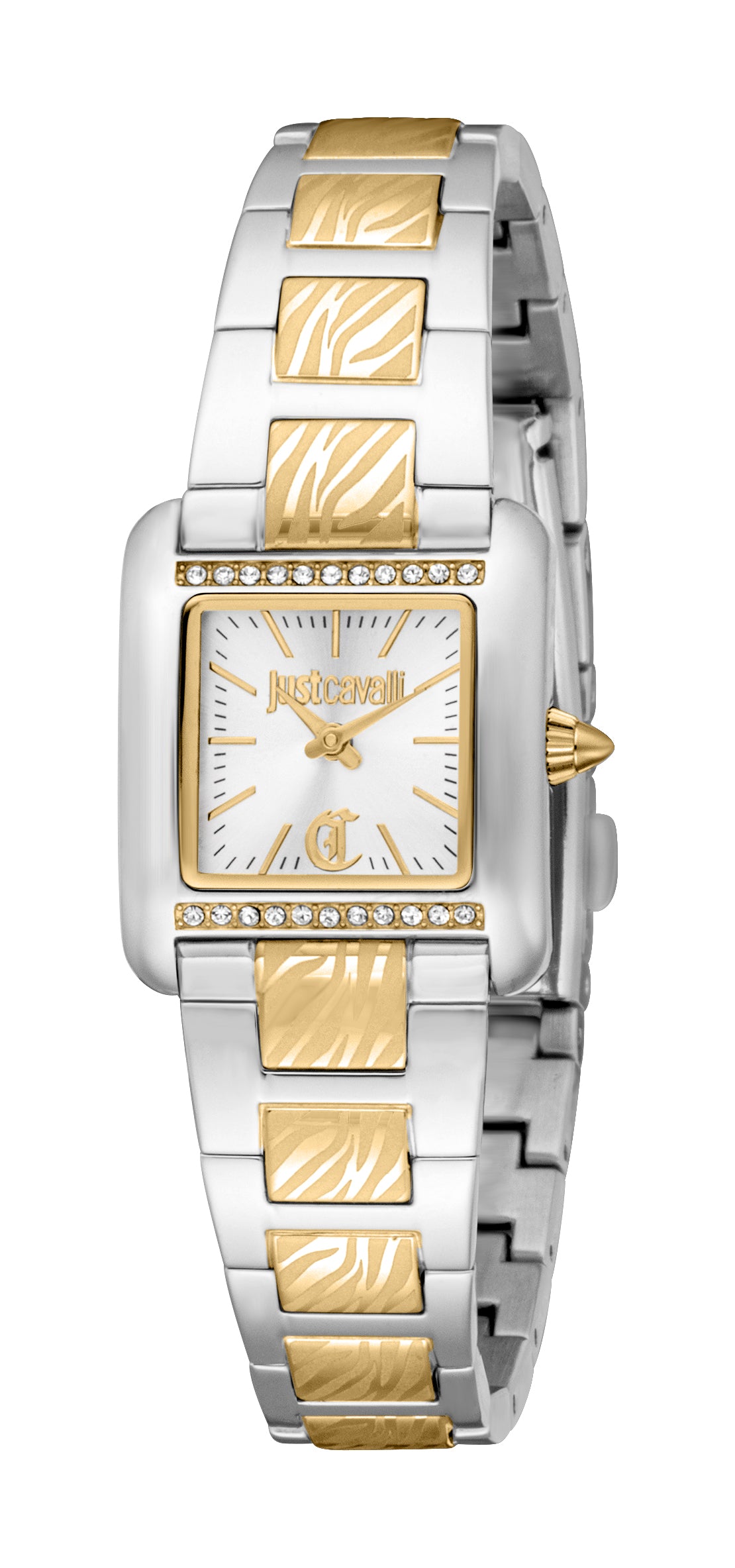 Just Cavalli women's watch with silver-toned rectangular case, gold-toned dial, and two-toned silver and gold zebra-patterned