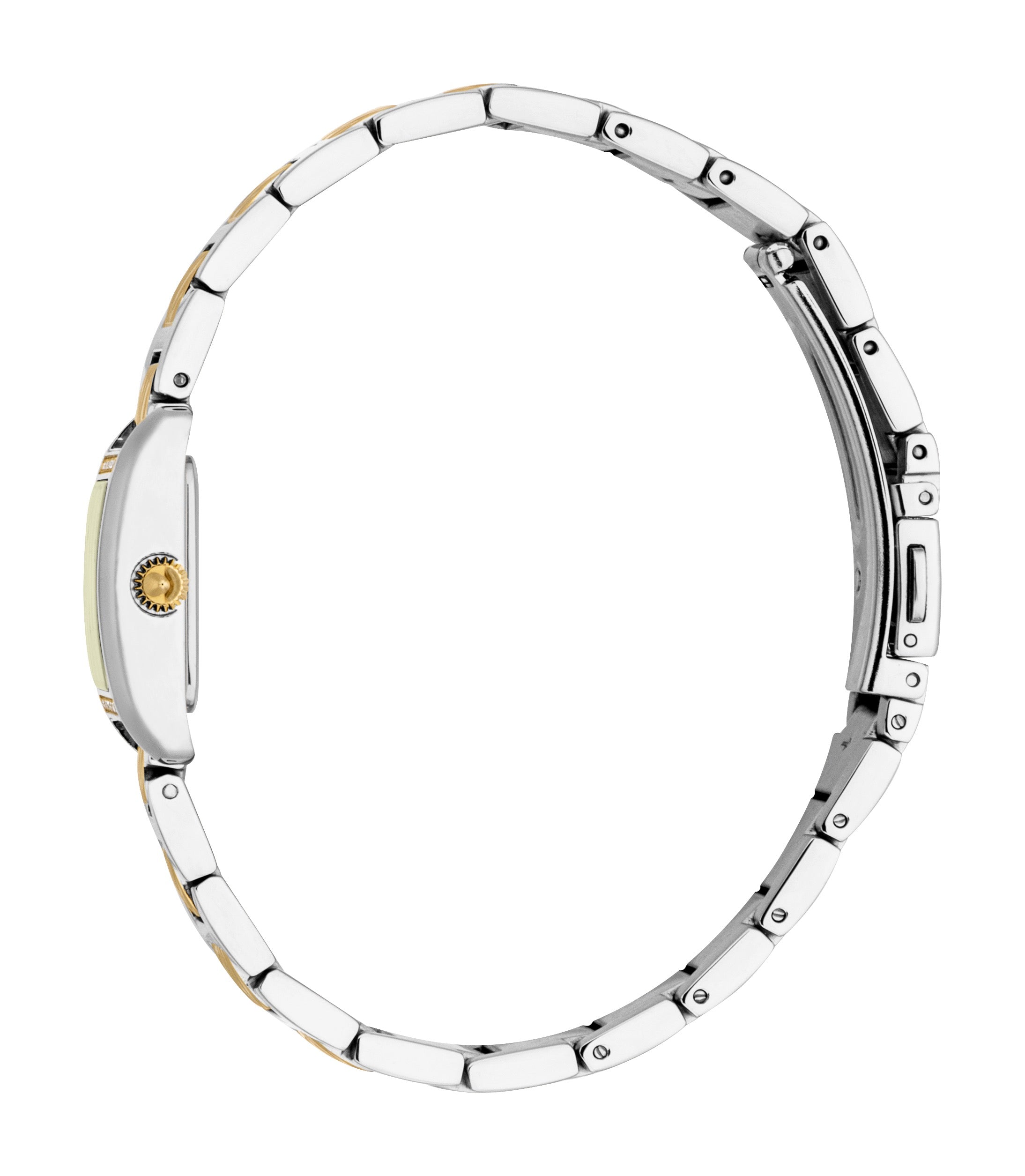 Two-tone silver-toned and gold-toned link watch with a rectangular silver-toned case, gold-toned crown, and olive dial.