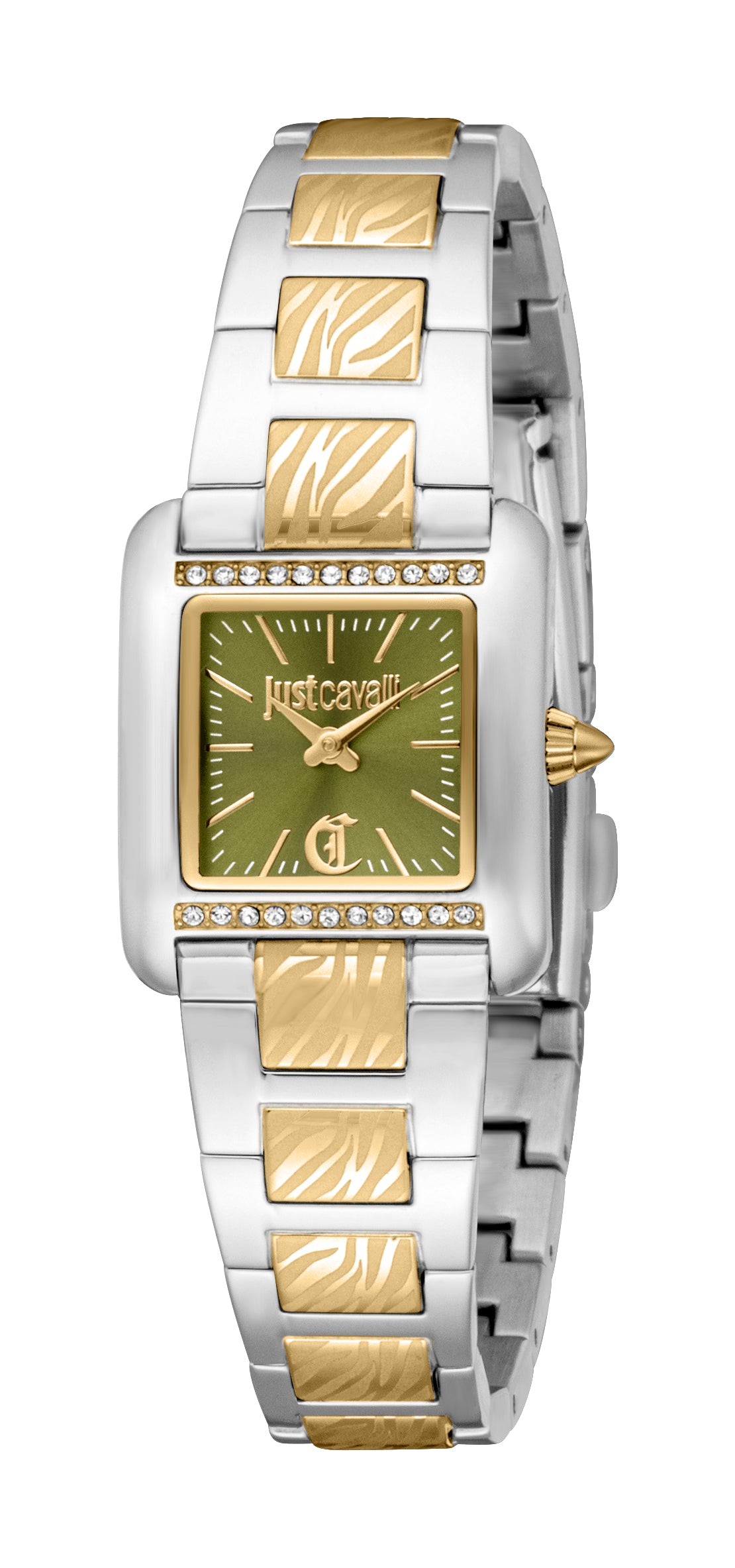 Just Cavalli women's watch with silver-toned rectangular case, olive green dial, gold-toned hands, and two-tone silver and go