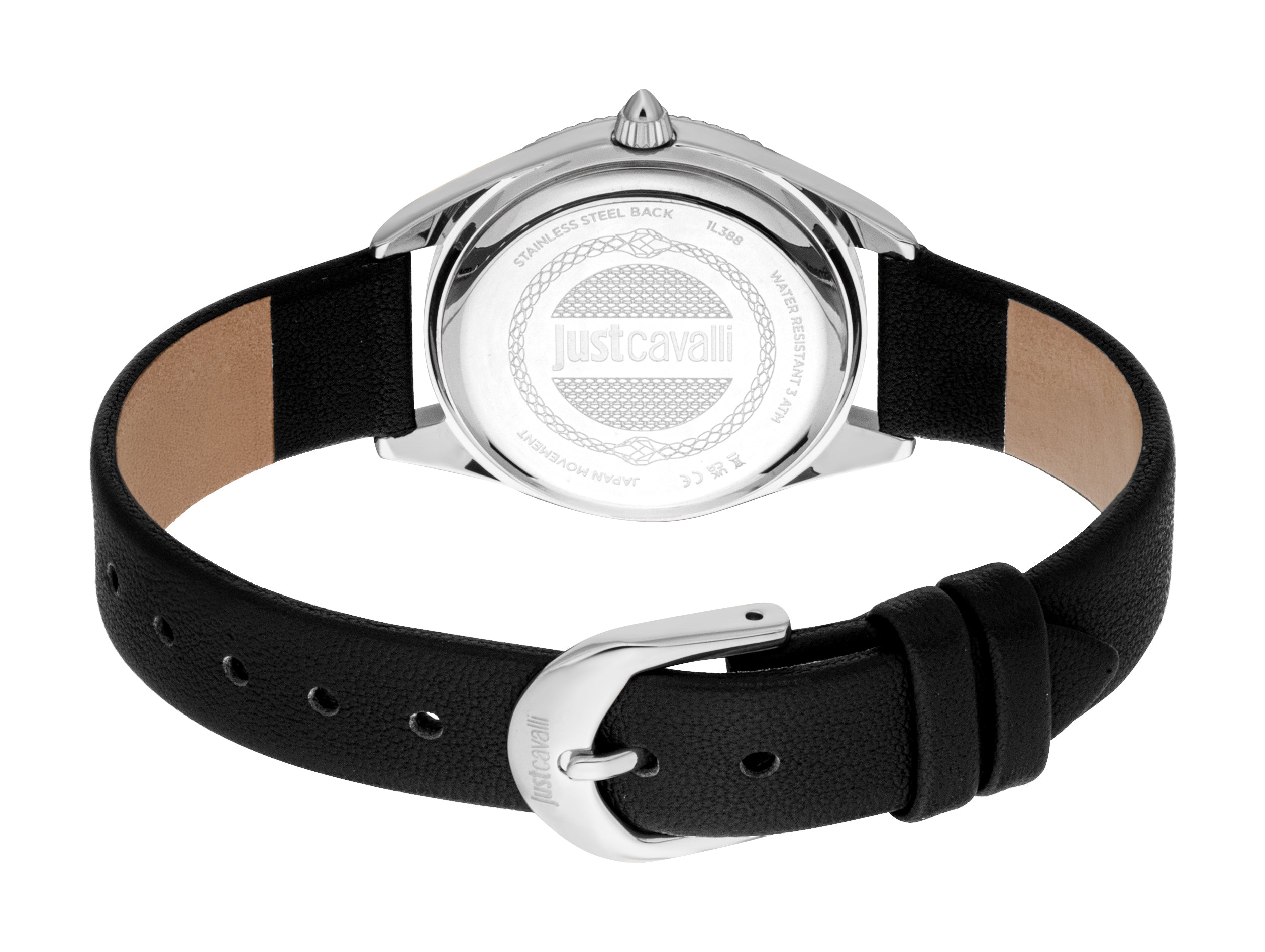 Silver-toned watch with a textured case edge, black leather strap, silver-toned buckle, and engraved case back.