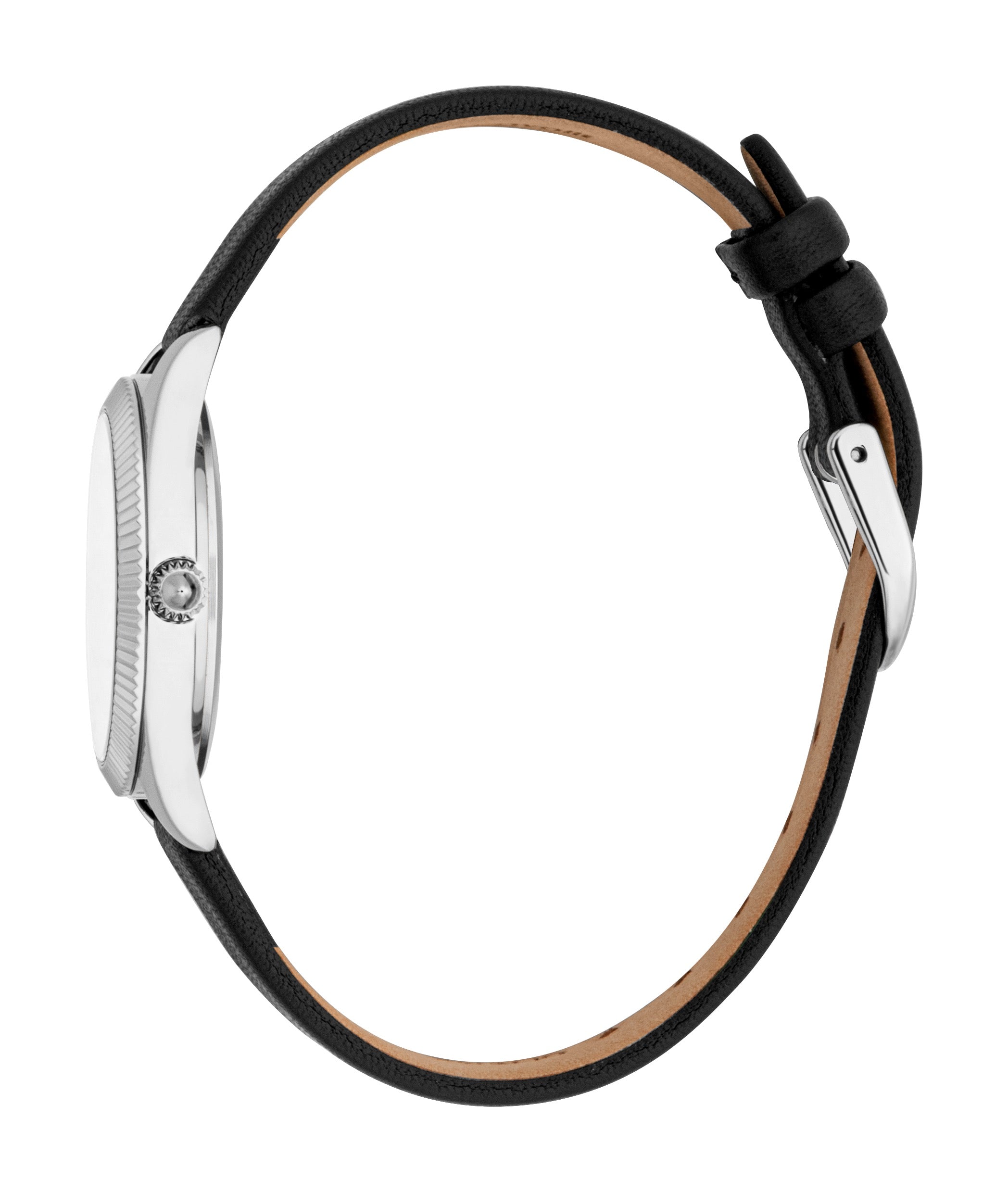 Silver-toned watch with a white dial, textured crown, and a black leather strap featuring a silver-toned buckle.