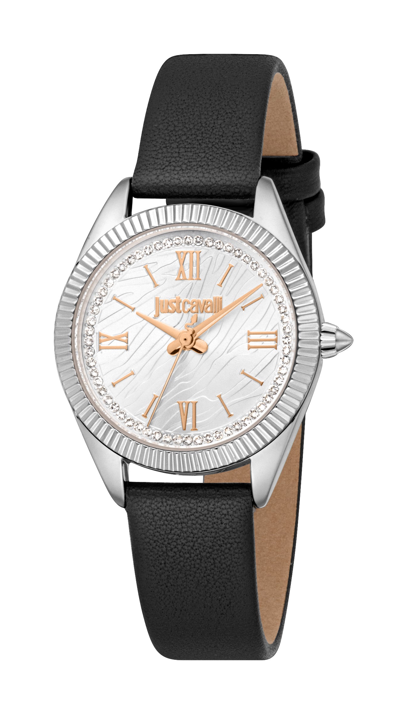Just Cavalli women's watch with a silver-toned round case, black leather strap, and a silver dial with gold-toned Roman numer