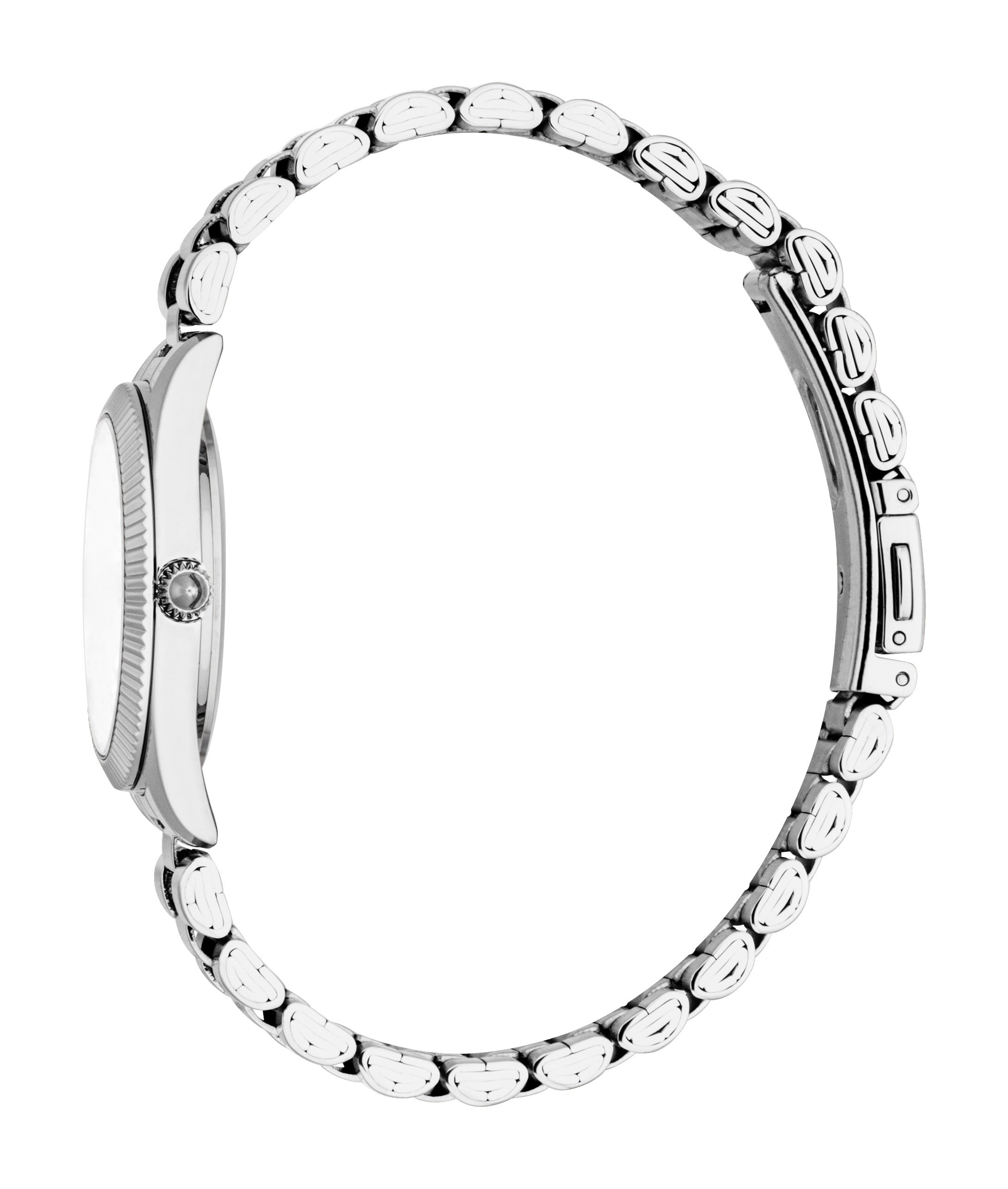 Silver-toned women's watch with a round case, fluted bezel, white dial, and a bracelet of textured oval links with a clasp.