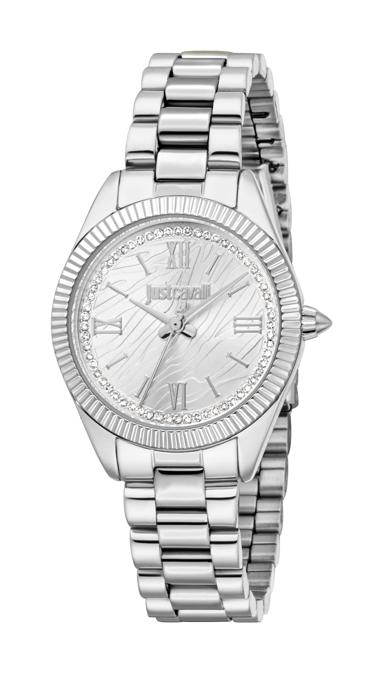 Silver-toned Just Cavalli women's watch with a round case, fluted bezel, crystal-set dial, and metal link bracelet.