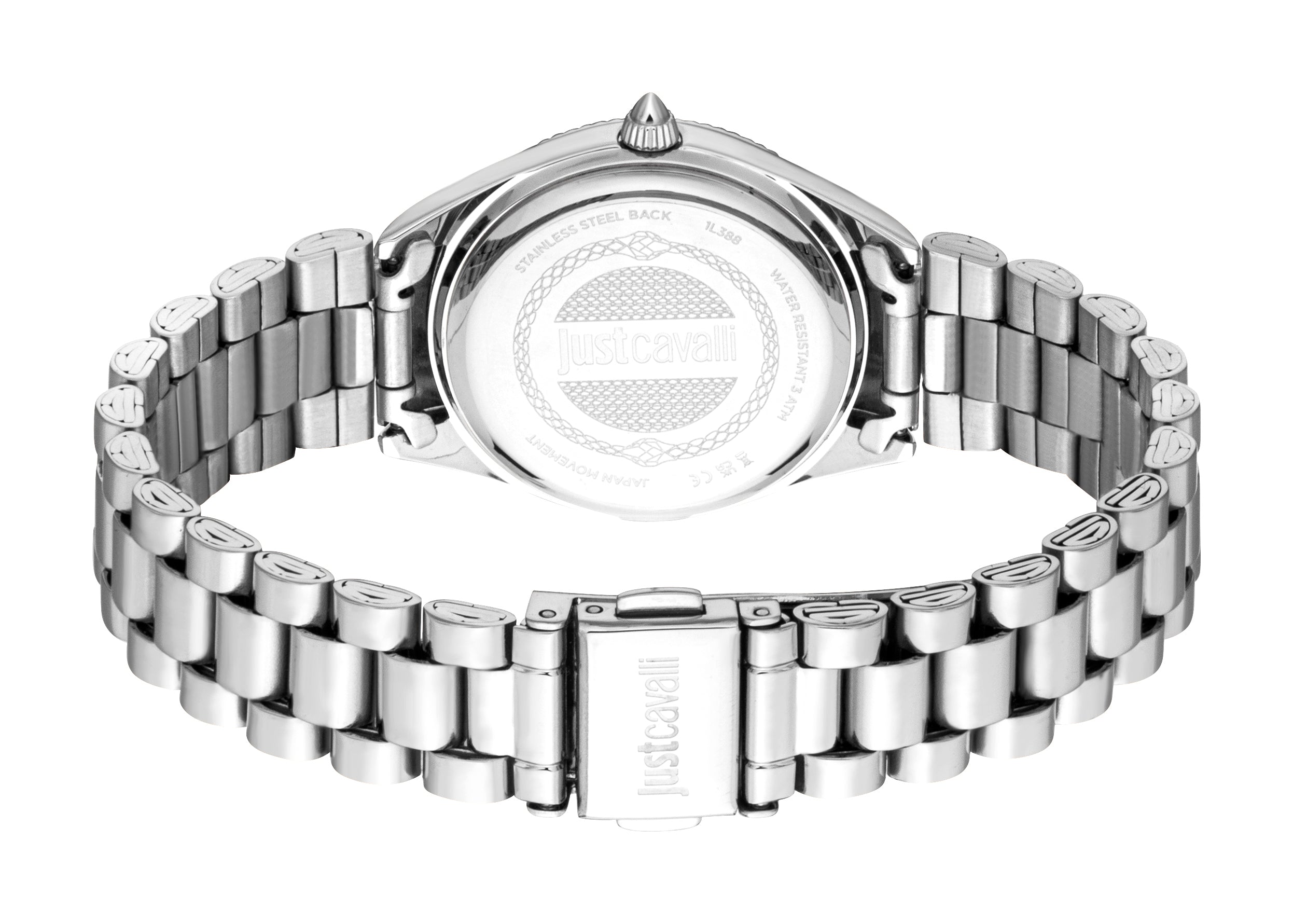 Silver-toned watch with a metal link bracelet and 'justcavalli' engraved clasp. Case back shows 'justcavalli' and snake patte