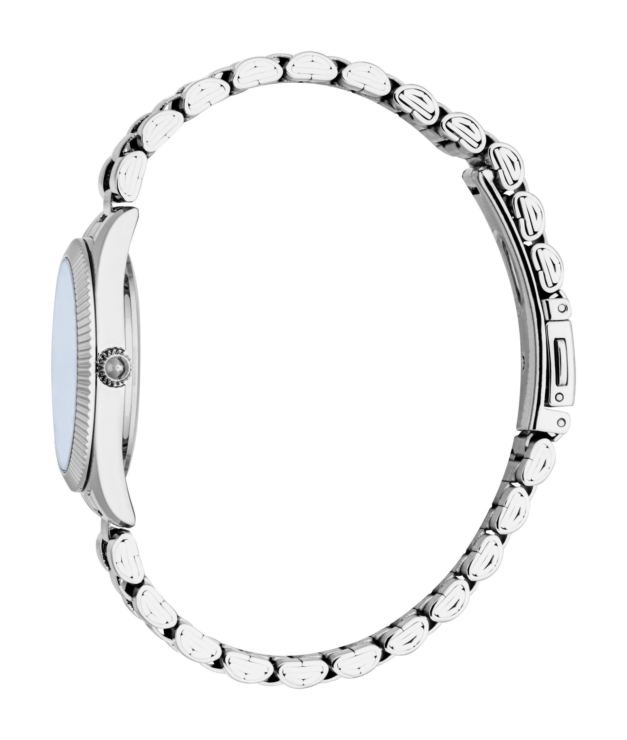 Silver-toned women's watch with a round case, silver blue dial, fluted bezel, and a bracelet made of oval links with textured
